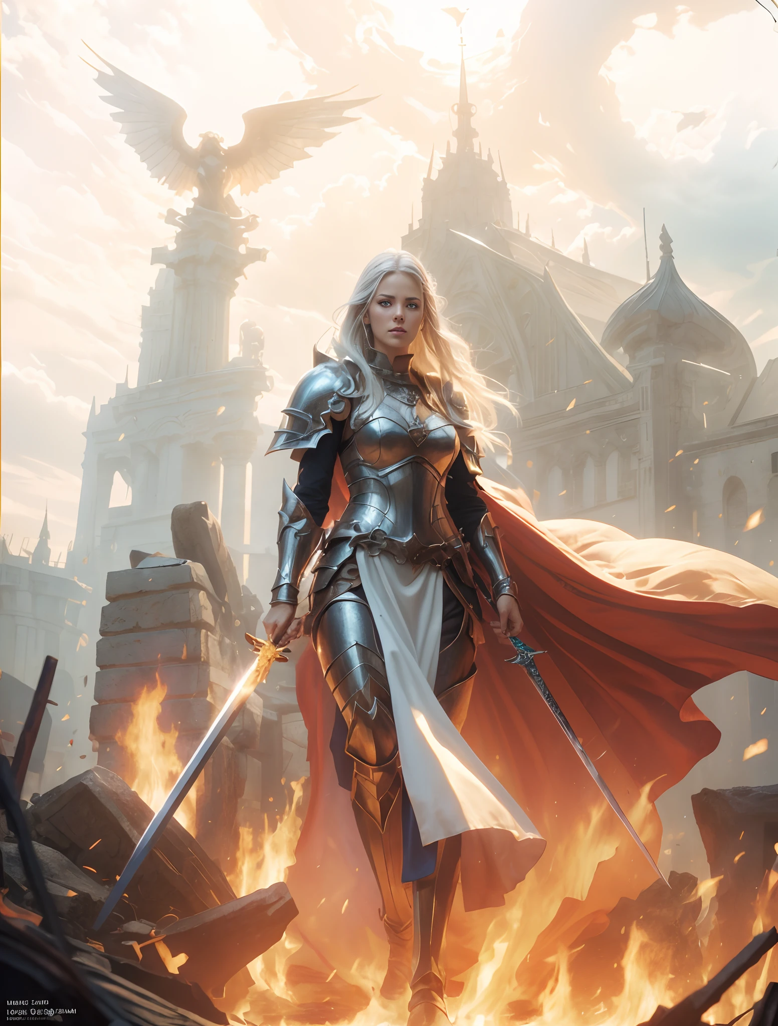 a woman with a sword in her left hand and a sword in her right hand walking through a fire, fantasy paladin woman, a beautiful silver white haired female knight, graphic artist magali villeneuve, gorgeous female paladin with a menacing intimidating face, high quality fantasy art, epic fantasy character art, (realistic, photo-realistic:1.37), (insanely detailed:1.3), 8k, (masterpiece), (best quality:1.4), (ultra high res:1.2), (RAW photo:1.2), professional lighting, cinematic realism