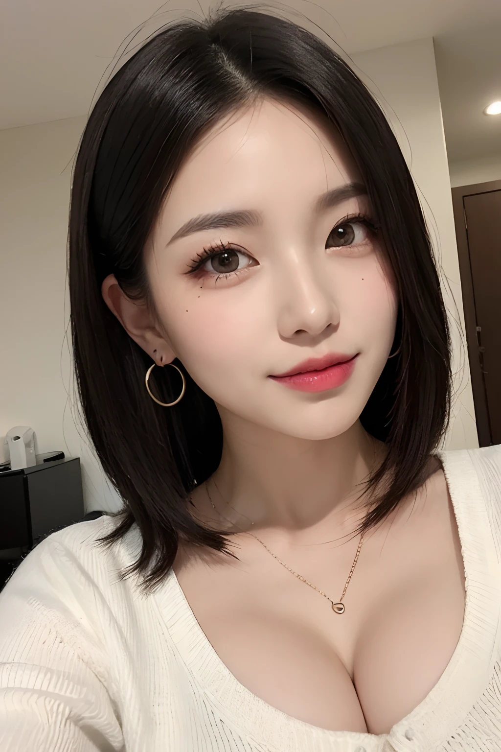 (White color blouse:1.2),(((wetclothes:1.5))) (innocent and classy girl:1.2), (Explosive hair style,with short black hair), Very detailed face and skin texture, A detailed eye, 二重まぶた, Pale cheeks, Glossy glossy skin, Moist eyes:1.2, Shiny little neckless and earrings, Glossy lips:1.4, White skin of the:1.2, (from above distance: 1.2)),big cleavage breasts, (sweetsmile:1.2), (looking at viewert), (tiny mouth:1.1),(Shopping at the mall:1.2),sunglasses on head