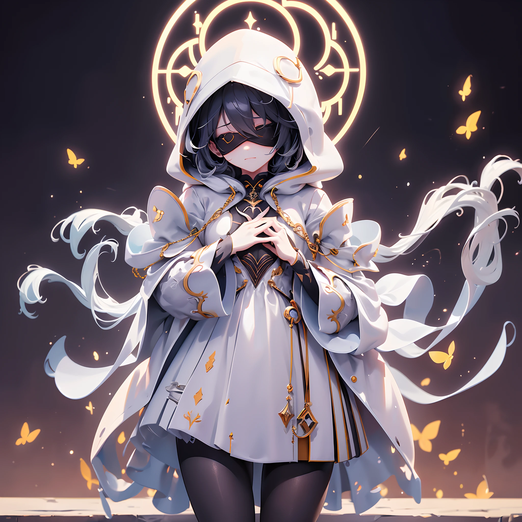 (((Pray Now ,Evil sensual smile,Wearing a blindfold,a closed mouth,One lady,Wearing a hood,Smaller chest, Pose of looking up to the heavens and praying,Surrounded by plants around))),White and gold clothes,fullllbody,without background,ung Women, Hooded clothing,striated hair,  eye reflections,  high detal, Gothic art, barroco, motion-blur, Ray traching, reflective light, multiple views, Perspective, ultra wide-angle, ​masterpiece, Anatomically correct, Textured Leather, Super Detail, High Details, hightquality, Better Quality