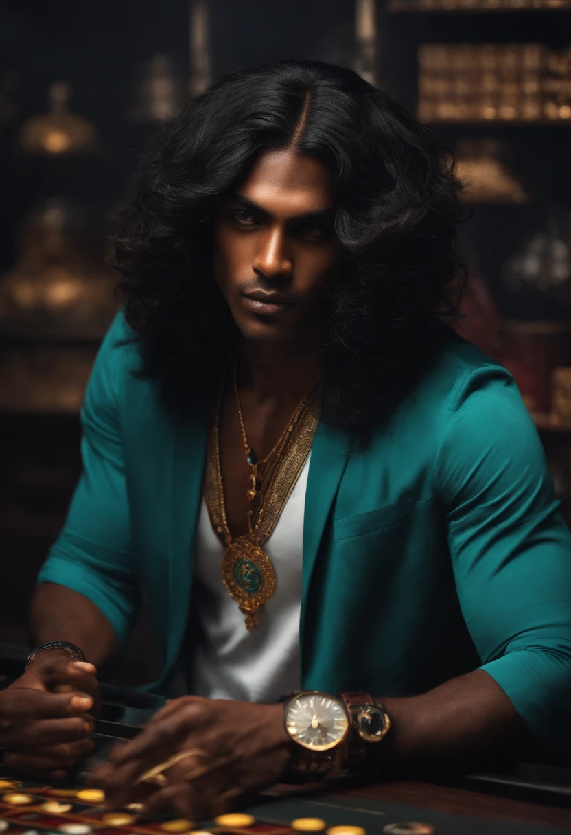 a dark skinded guy with long black indian hair looking like a game addict