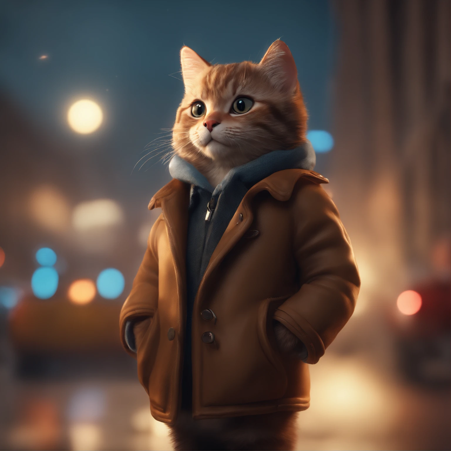 ((Best quality, 8K, Masterpiece: 1.4)),((Amazing detail: 1.3)),((illustration, Hairstyle Casual: 1.2)),((high resolution: 1.1)), A cute cat standing, headset on head, Tactical coat, Fashionab, Soft light, Colorful, Depth of field, Cinematic lighting, From below, Anatomically correct, Amazing art of painting, No Man