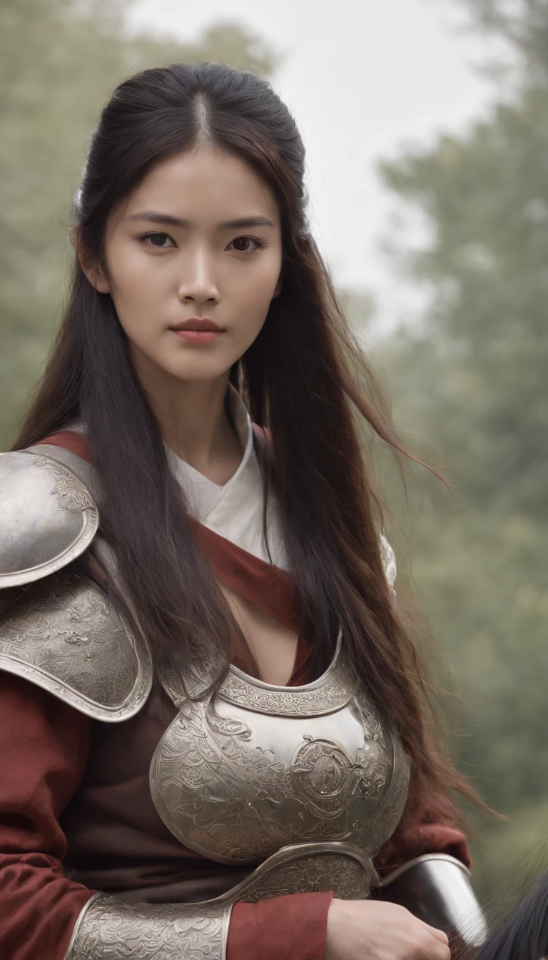 with whole body visible,Long-haired girl on horseback, Wearing armor, Holding an ancient Chinese sword, Looking at the camera, Daido Moriyama style, Cinematic lighting, amazing shot, 8K, mediating: Marie Claire by Maya Flor, black hair, smiling, very long hairs, absurdly long hairs, voluminous long hairs, straight posture