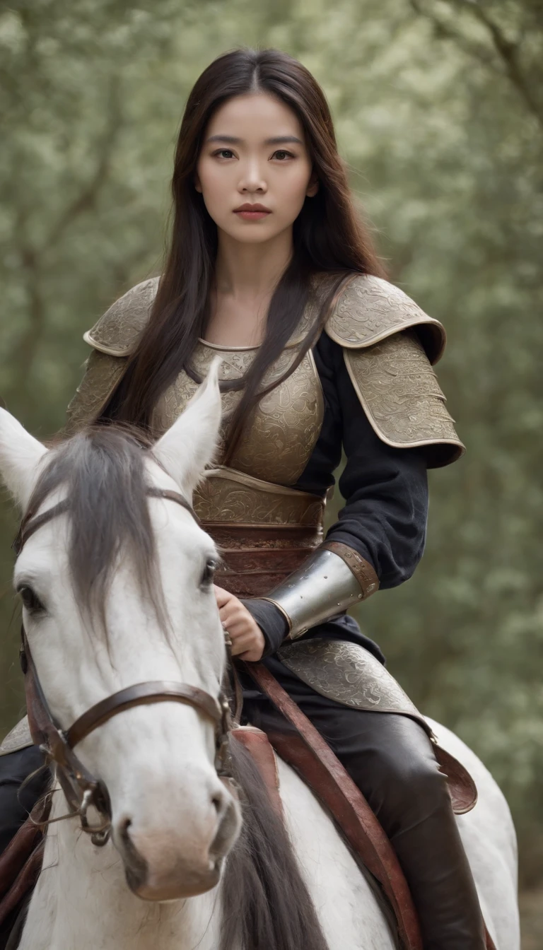 with whole body visible，Long-haired girl on horseback, Wearing armor, Holding an ancient Chinese sword, Looking at the camera, Daido Moriyama style, Cinematic lighting, amazing shot, 8K, mediating: Marie Claire by Maya Flor, black hair, smiling, very long hairs, absurdly long hairs, voluminous long hairs, straight posture