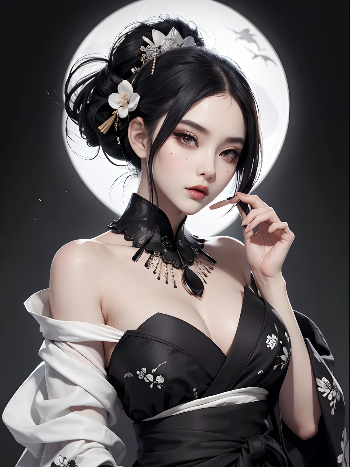 Black and white marble pattern kimono、Black eyeliner and black eyeshadow、A detailed face、detailed facial expression、Shoot from the waist up、Dynamic Posing、Fancy makeup、See-through stall、Platinum Color Hair、short-hair、Show shoulders、Shoulder out、Vampires、Vampire、without background、White background、Japan kimono、花魁、geisha、The background is a hanging scroll、Background is ink painting