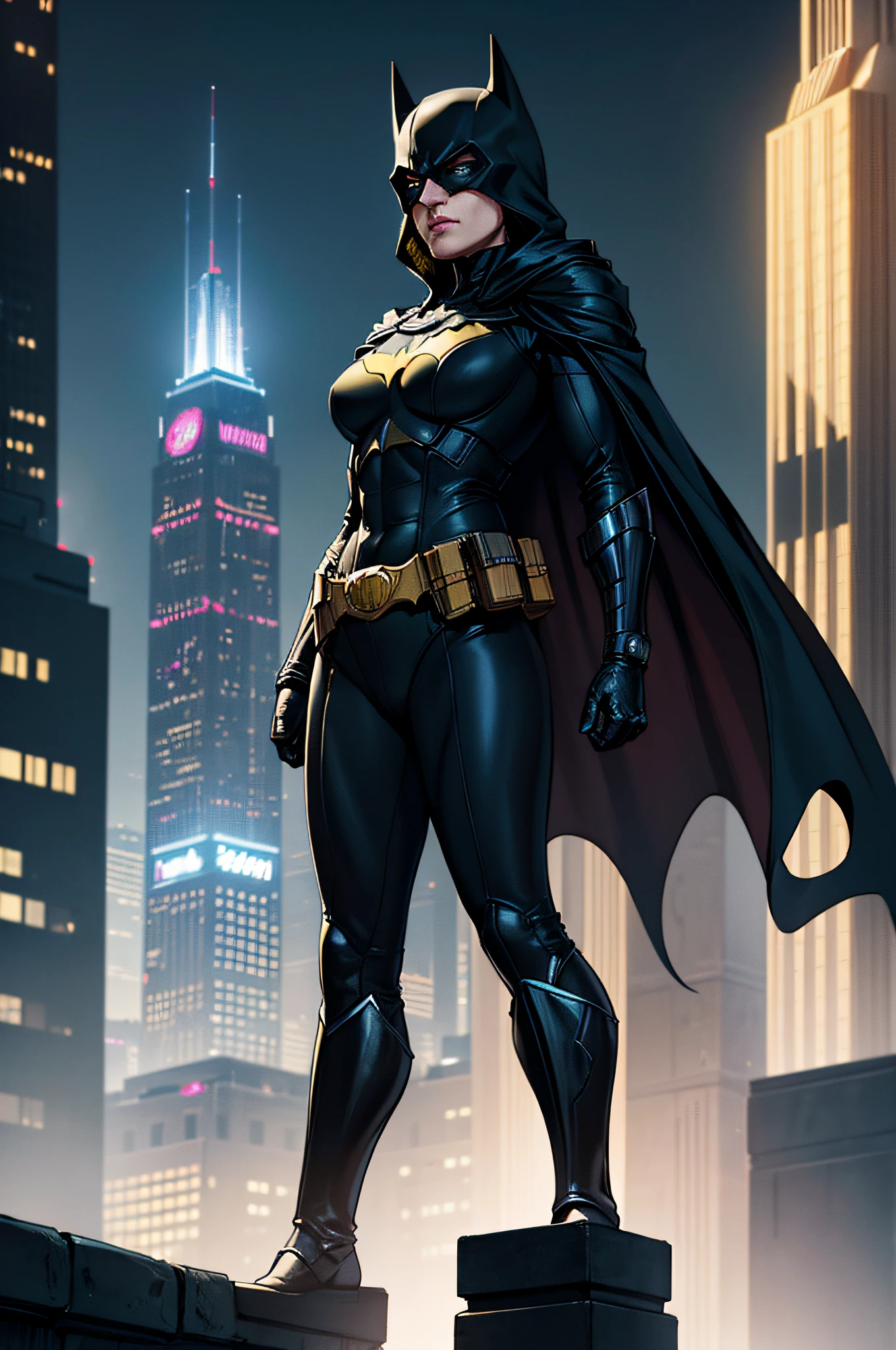 a photorealistic, award winning, picture of batman a top of church rooftop standing near a statue of a woman watching over Gotham at night, (Batman: 1.3), The Dark Knight, The Capped Crusader, wearing his famous armor with  the Batman insignia, (black cape: 1.2), wearing famous (utility belt: 1.1), wearing black boots, watching over Gotham, a modern urban center at night, several skyscrapers, urbanism lights, in colors of yellow, blue and green, a view from a skyscraper rooftop, near batman a statue of (Lady Justice: 1.1), Batsignal is lit in the sky, batman is shown from the rear and the side, ultra best realistic, best details, best quality, 16k, (ultra detailed: 1.5), masterpiece, best quality, (extremely detailed), ultra wide shot, photorealism, depth of field, hyper realistic