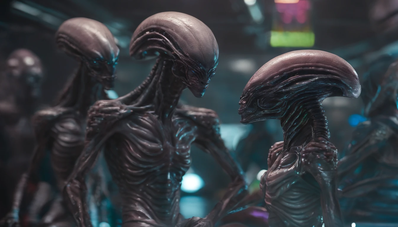 Spaceship internally, cafeteria with several killer aliens, the place is taken over by several aliens, poor lighting