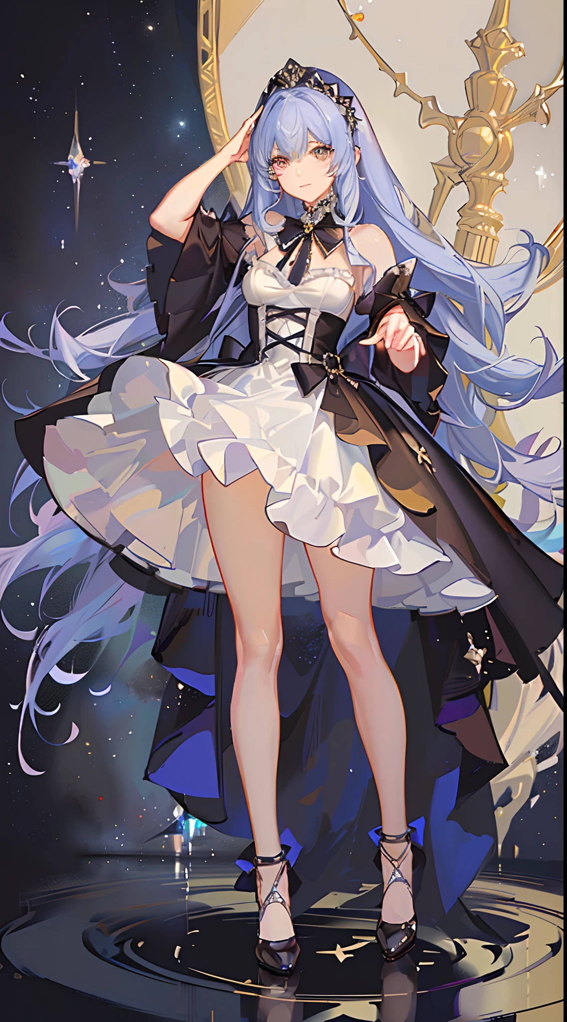 Dramatic composition,Standing painting,Full body like,Court-style dress,royal,a gorgeous,Layers of frills,Ruffles,Bow knot,Roman curly hairstyle,Ponet cap,Double ponytail like a drill,Look to the lens,Qi bangs,Maximalism,solid color backdrop,Carefully depicted hair and eyes,Princess dress,Gorgeous dress,ssmile,Starry eyes,cinematric light,extreme hight detail,High- sharpness,Happy girl,Very long hair,Diamond,pearls,Broken diamonds,Crystal Shard,light particules,