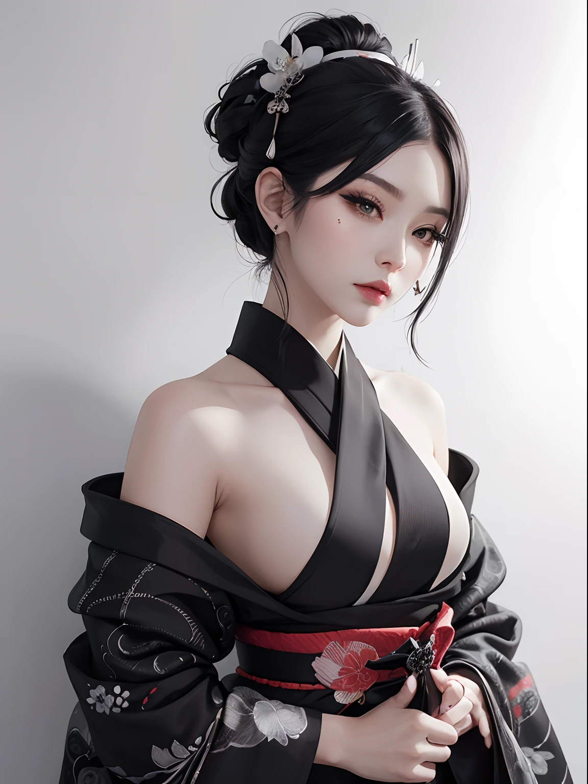 Black and white marble pattern kimono、Black eyeliner and black eyeshadow、A detailed face、detailed facial expression、Shoot from the waist up、Dynamic Posing、Fancy makeup、See-through stall、Platinum Color Hair、short-hair、Show shoulders、Shoulder out、Vampires、Vampire、without background、White background、Japan kimono、花魁、geisha、The background is a hanging scroll、Background is ink painting