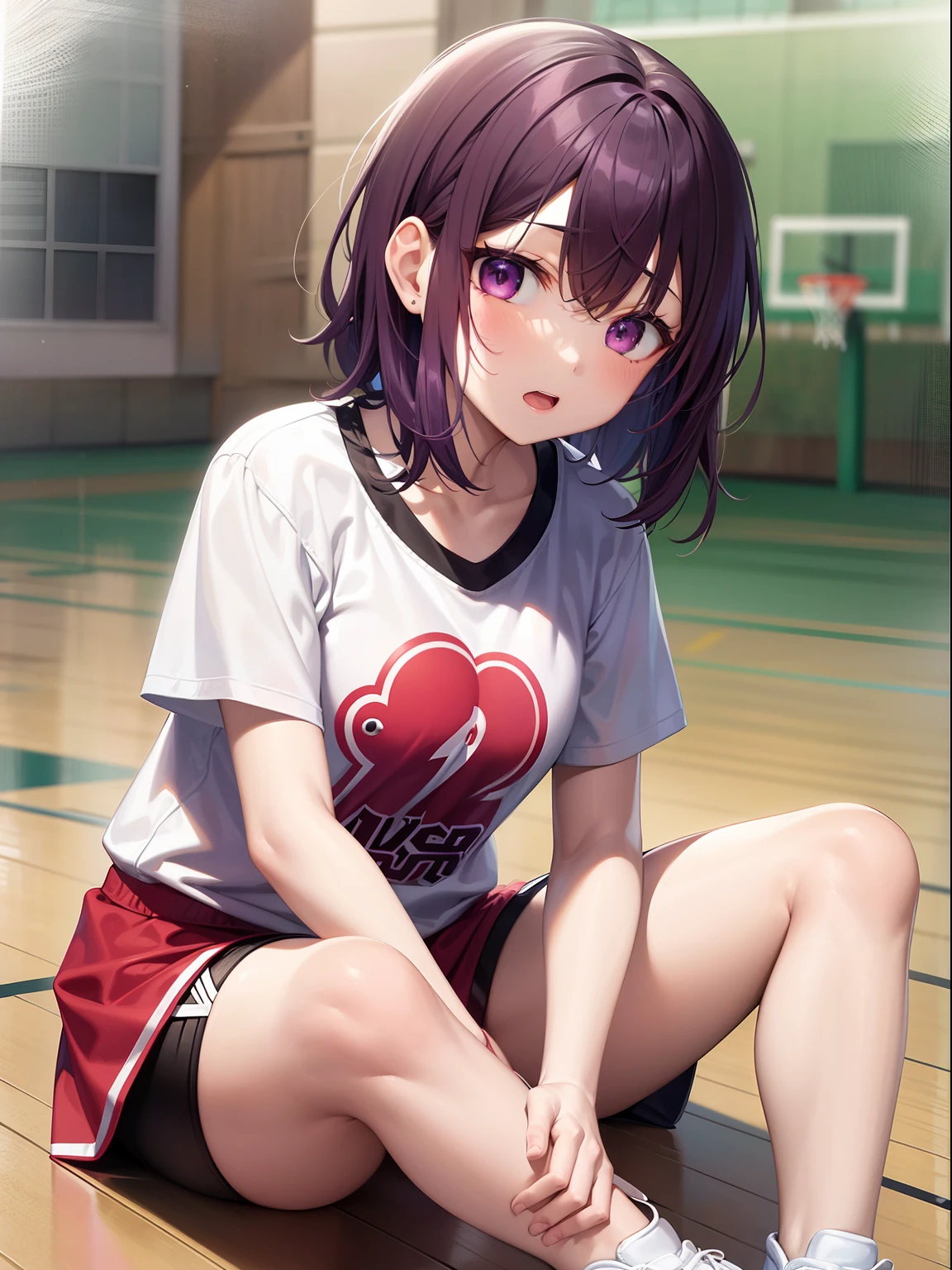 top-quality、masterpiece、(girl with、(elementary student、4 head body、Esmanium)、(head hair、(Reddish-purple hair、a short bob、Bushy hair、Hair with a large amount、(left ear、Tie your hair with a red ribbon)))、(The eye、(reddish purple eyes、Clear eyes、big eye、slightly drooping eyes))、(gymnastic suit、(White T-shirt、Black spats)、Bare legged、White short shoes、Wearing basketball shoes、Basketball court、basketball、Do dribbling、During the match