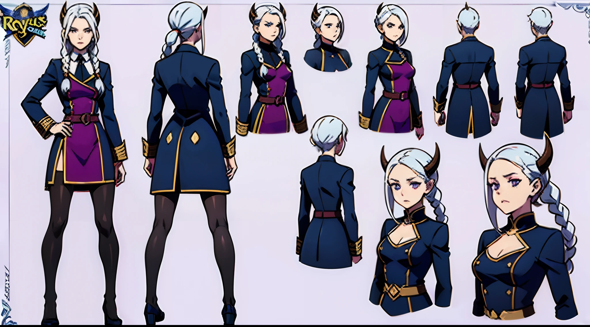 (Masterpiece, best quality), detailed, ((character concept art)), ((character design sheet, same character, front, side, back)), many items, (black demon horns, adventurer guild lieder uniform, ex dungeon explorer, royal cloth, many parts), detailed purple eyes, detailed face, scared face, different expressions, small boobs, B cup, white hair and white skin, braided ponytail, full of details.