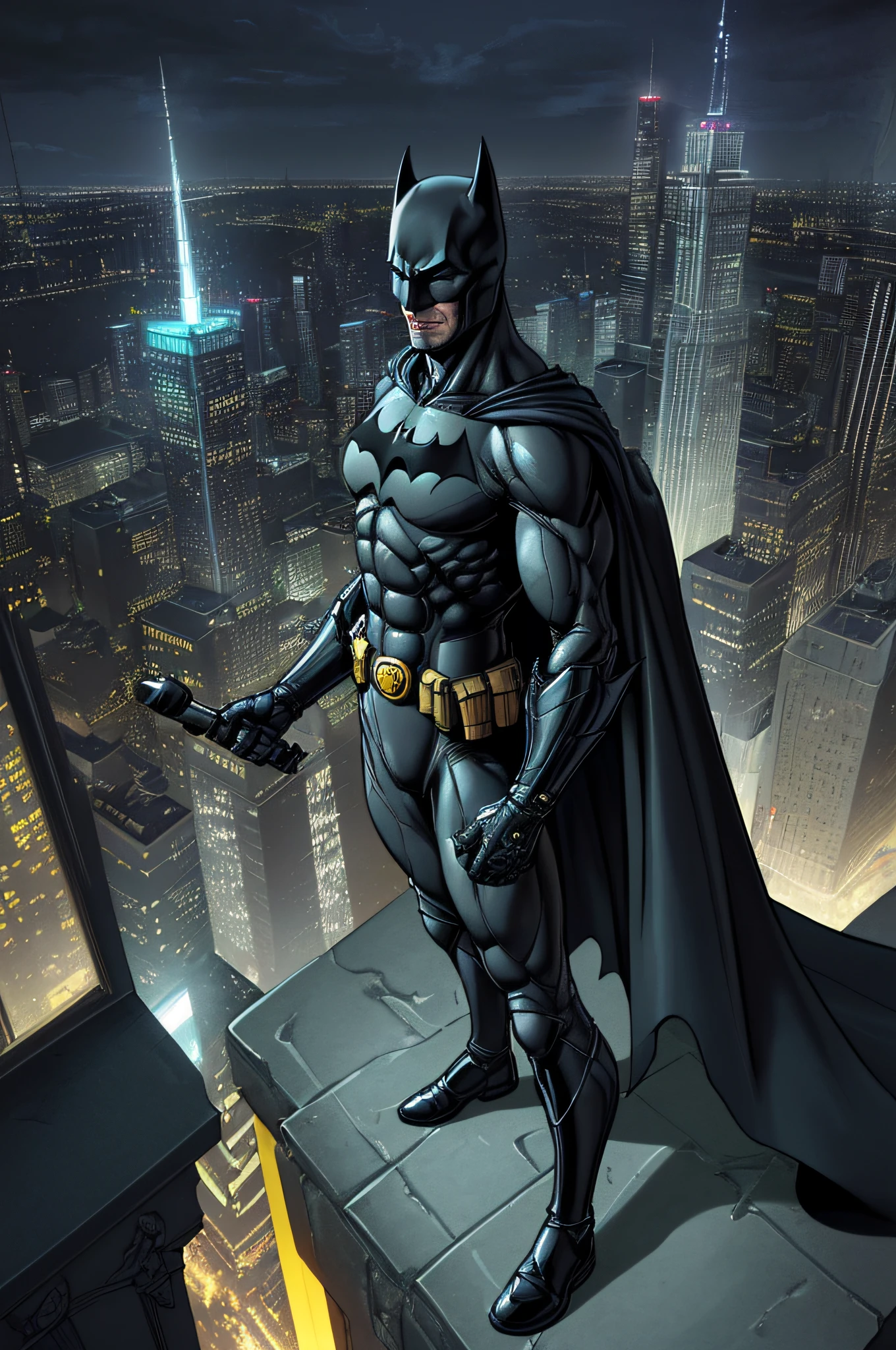 a photorealistic, award winning, picture of batman a top of church rooftop standing near a statue of a woman watching over Gotham at night, (Batman: 1.3), The Dark Knight, The Capped Crusader, wearing his famous armor with  the Batman insignia, (black cape: 1.2), wearing famous (utility belt: 1.1), wearing black boots, watching over Gotham, a modern urban center at night, several skyscrapers, urbanism lights, in colors of yellow, blue and green, a view from a skyscraper rooftop, near batman a statue of (lady justice: 1.1), Batsignal is lit in the sky, Batman is shown from the rear and the side, ultra best realistic, best details, best quality, 16k, (ultra detailed: 1.5), masterpiece, best quality, (extremely detailed), ultra wide shot, photorealism, depth of field, hyper realistic