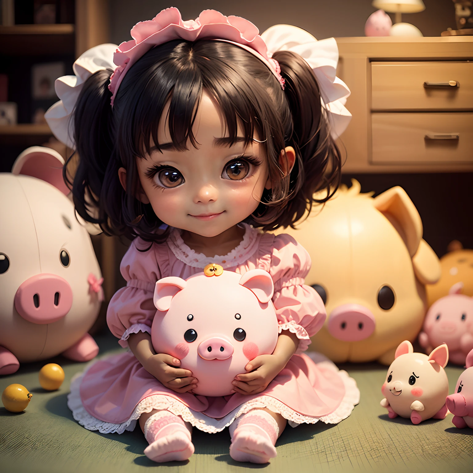 masterpiece、top-quality、ultra-detailliert、(Chibi Chara's Daughter:1.2)、(Dark skin:1.1)、Dragging a stuffed pig、Stuffed pig、Ruffled dresses with retro prints、Open your mouth and smile、Fluffy socks、