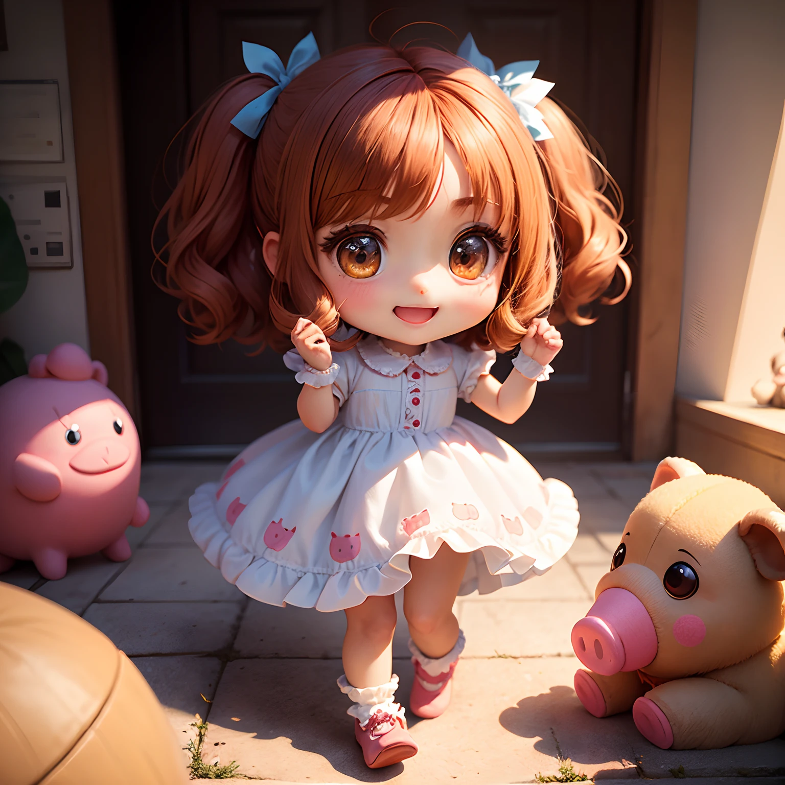 ​masterpiece、top-quality、ultra-detailliert、(Chibi Chara's Daughter:1.2)、(Dark skin:1.1)、Dragging a stuffed pig、Stuffed pig、Ruffled dresses with retro prints、Open your mouth and smile、Fluffy socks、
