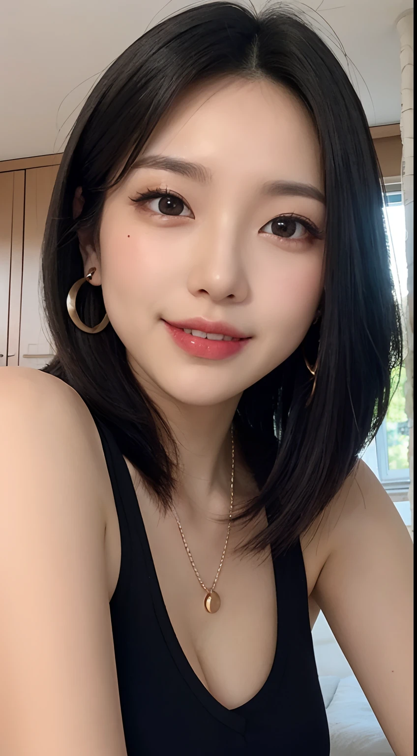 Black hair, hair bobbles, long eyelasher, solid circle eyes, Light smile, Moles under eyes, Heart earrings, Light smile, Shy, puckered lips, surrealism, shadowing, stereograms, angle of view, Atmospheric perspective, Depth of field, first person perspective, f/1.8, 8K, Super detail, ccurate, Best quality, A high resolution, Best quality,full bodyesbian