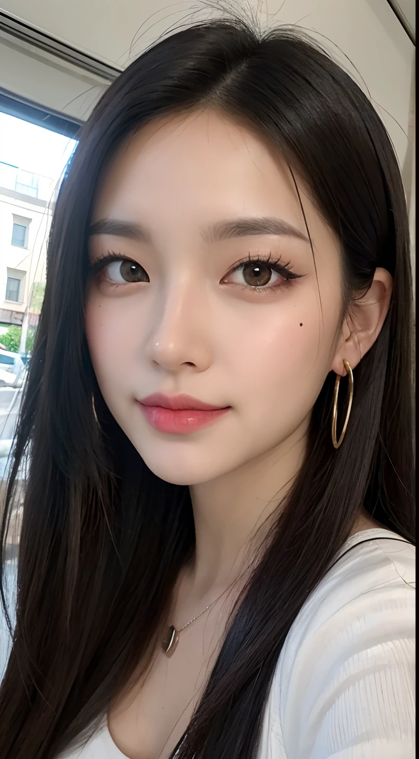 Black hair, hair bobbles, long eyelasher, solid circle eyes, Light smile, Moles under eyes, Heart earrings, Light smile, Shy, puckered lips, surrealism, shadowing, stereograms, angle of view, Atmospheric perspective, Depth of field, first person perspective, f/1.8, 8K, Super detail, ccurate, Best quality, A high resolution, Best quality,full bodyesbian