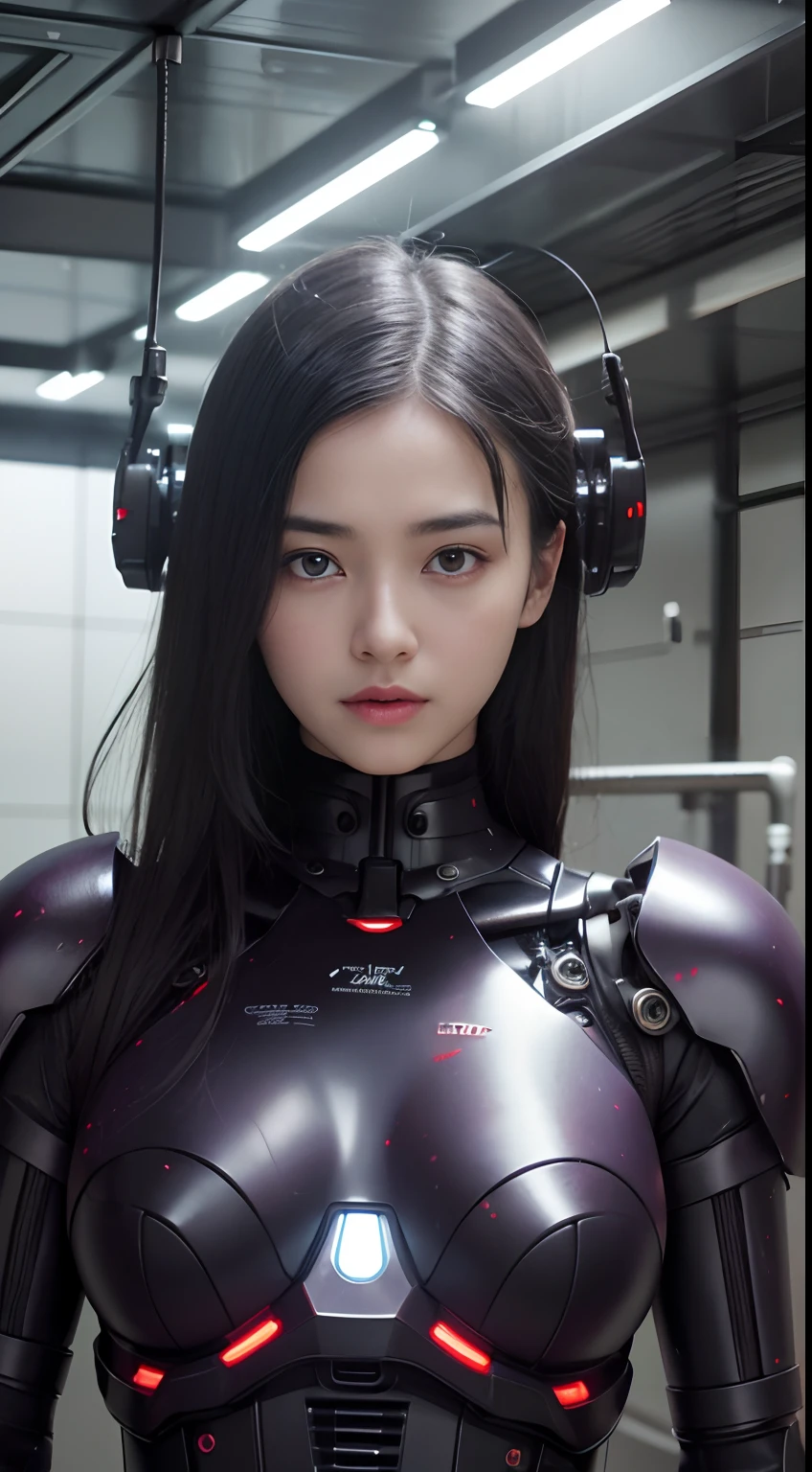 Top Quality, Masterpiece, Ultra High Resolution, (Photorealistic: 1.4), Raw Photo, 1 Girl, Black Hair, Glossy Skin, 1 Mechanical Girl, (Ultra Realistic Detail)), Portrait, Global Illumination, Shadows, Octane Rendering, 8K, Ultra Sharp, Big, Cleavage Exposed Raw Skin, Metal, Intricate Ornament Details, Japan Details, Very intricate details, realistic light, CGSoation trend, purple eyes, glowing eyes, facing the camera, neon details, mechanical limbs, blood vessels connected to the tube, mechanical vertebrae attached to the back, mechanical cervical attachment to the neck, sitting, wires and cables connecting to the head, gundam, small LED lamps,