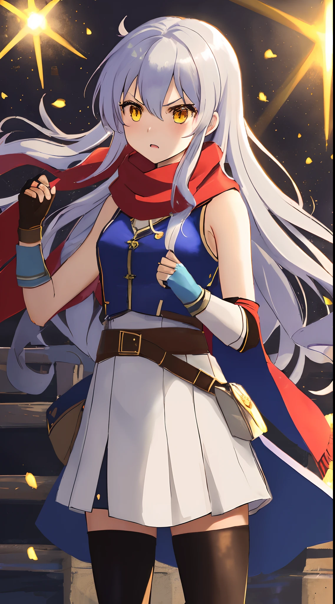(masterpiece, best quality:1.3), a beautiful photograph of  micaiah fe, 1girl, blue_scarf, breasts, ((brown_gloves)), elbow_gloves, fingerless_gloves, floating_hair, gloves, jacket, long_hair, red_jacket, scarf, silver_hair, sleeveless, sleeveless_jacket, small_breasts, solo, standing, very_long_hair, yellow_eyes, magic, (angry, determined), light flare, light particles,