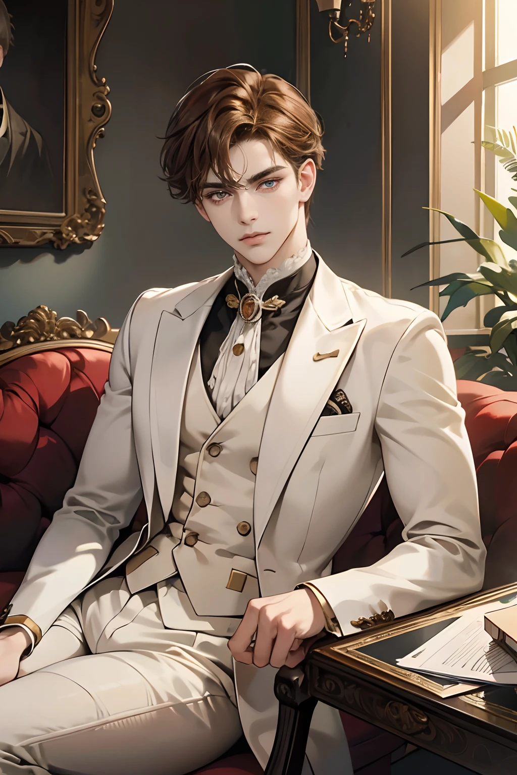 (tmasterpiece, high resolution, ultra - detailed:1.0), (1 boy, Young male), Eyes looking at the camera, Perfect male body, Extremely detailed CG, 8K wallpaper, Complicated details, solo person, ((Deep amber eyes)), ((Light brown hair with short curly edges)), [Thick eyebrows], sitting room, ((White suit)),victorian age,color difference, Depth of field, dramatic shadow, Ray tracing, Best quality, Cinematic lighting, offcial art, Portrait