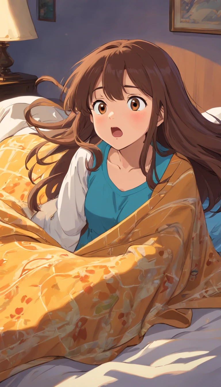 Alexis alternates self yells with a long brown hair, while attempting to carry  lazy Alexis, but she keeps pushing her body into the bed.
 girl with long brown hair,with brown bang,lying in her bed with blanket, shocked face,messy room.