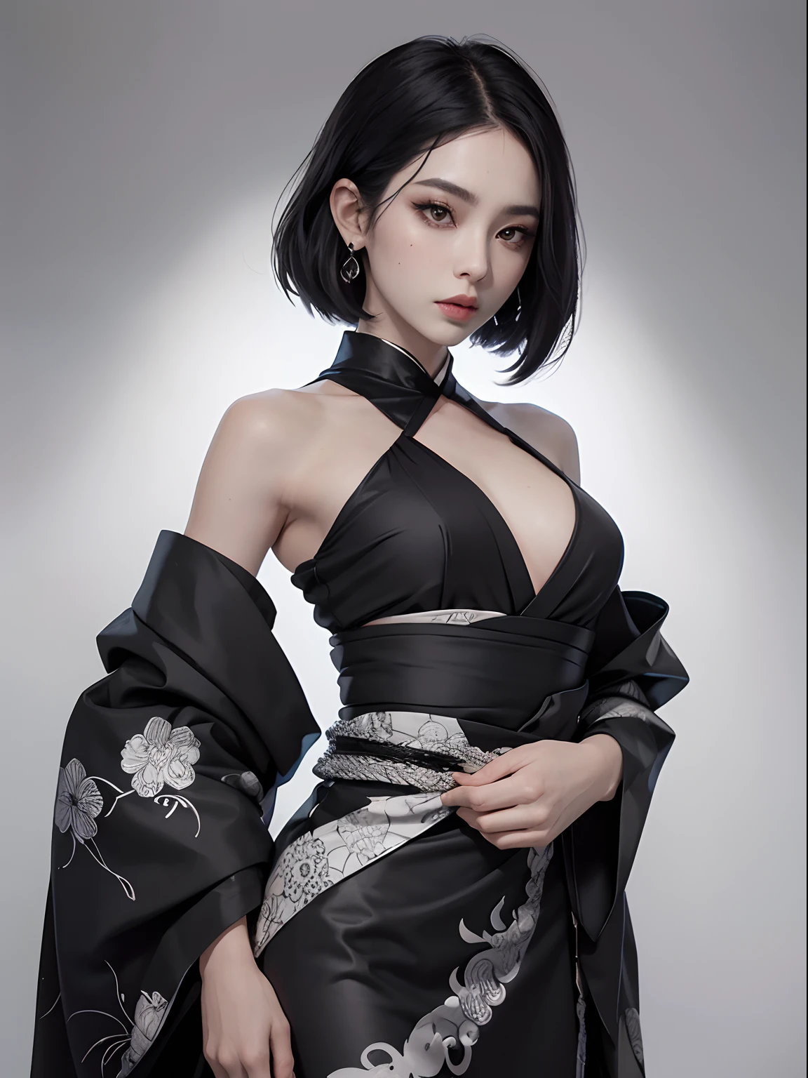 Black and white marble pattern kimono、Black eyeliner and black eyeshadow、A detailed face、detailed facial expression、Shoot from the waist up、Dynamic Posing、Fancy makeup、See-through stall、Platinum Color Hair、short-hair、Show shoulders、Shoulder out、Vampires、Vampire、without background、White background、Japan kimono、花魁、geisha、The background is a hanging scroll、Background is ink painting