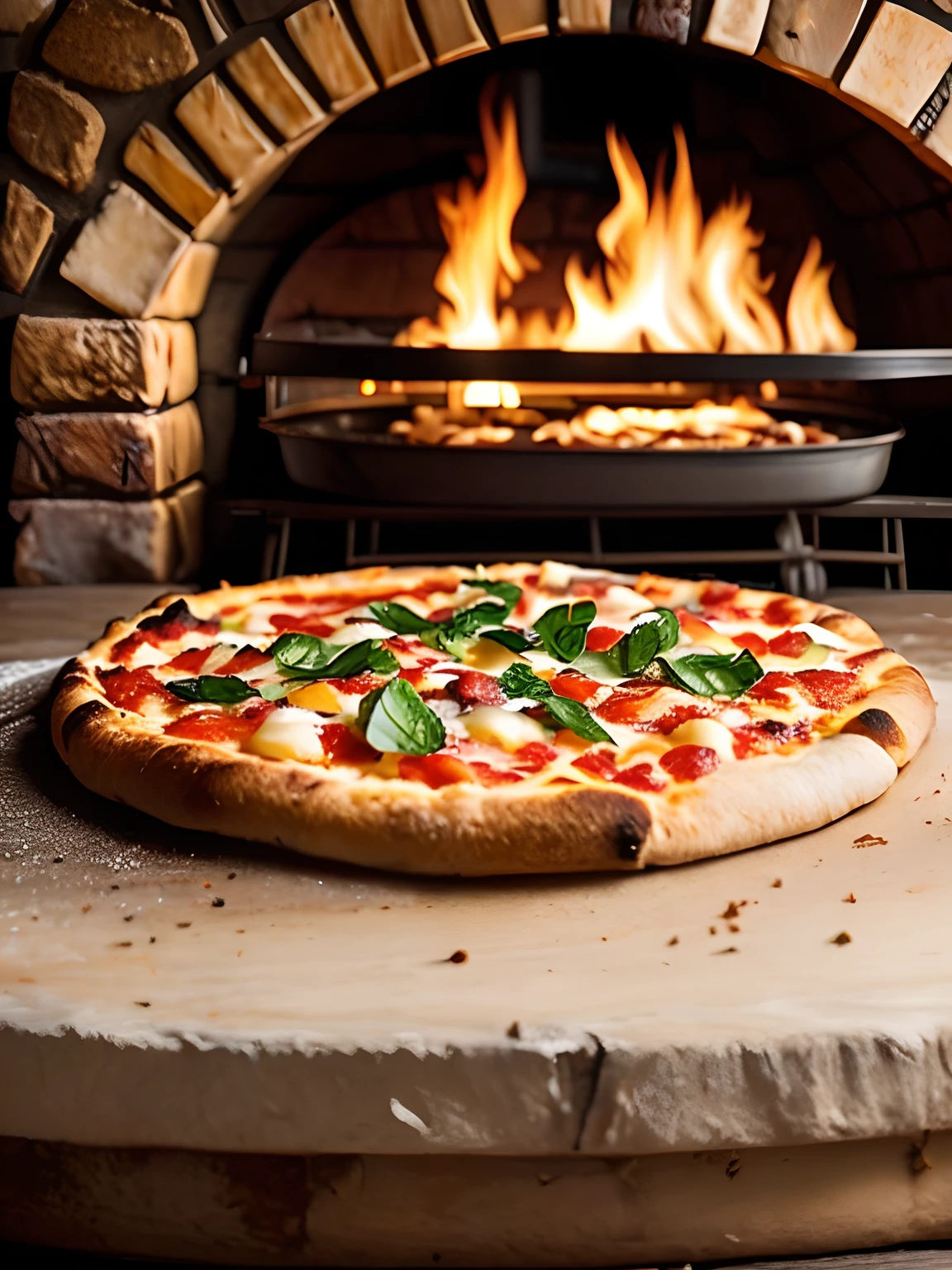 Macro photo of a slice of delicious pizza in front of a stone oven, fire oven, light it fire, food photography, advertising photography, macro crisp quality, warm colors, soft light, extremely detailed, beautiful, establishing shot, artistic, hyperrealistic, octane render, cinematic lighting, dramatic lighting, masterpiece, light brazen, extremely detailed