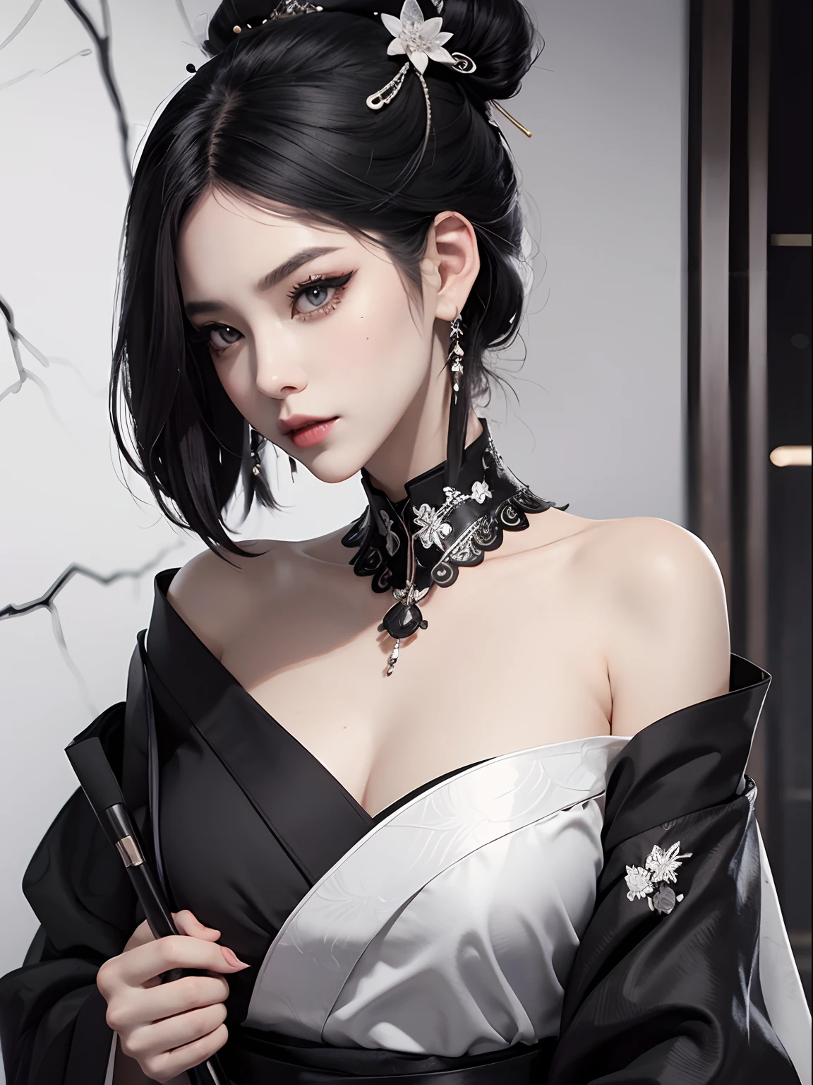 HD, 8K, (((Masterpiece))), (((A high resolution))), ((Best quality)), ((An extremely delicate and beautiful)), Crazy detail and intrusive, Super detailed, Tokyo Ghoul, 1 woman, Solo, black collared shirt, red necktie, Pale skin, large lips, Puffy lips, Black lips, Red eye, eBlue eyes, Heterochromia, ringed eyes, Glowing eyes, Black hair, Long hair, hair slicked back, ghoul, Evil smile, scars face
