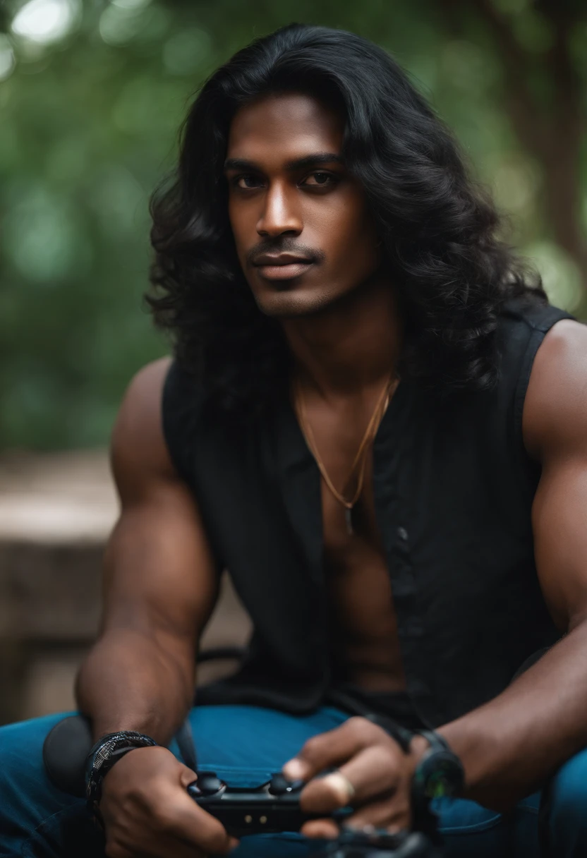 a dark skinded guy with long black indian hair who looks like he addicted to playing video game