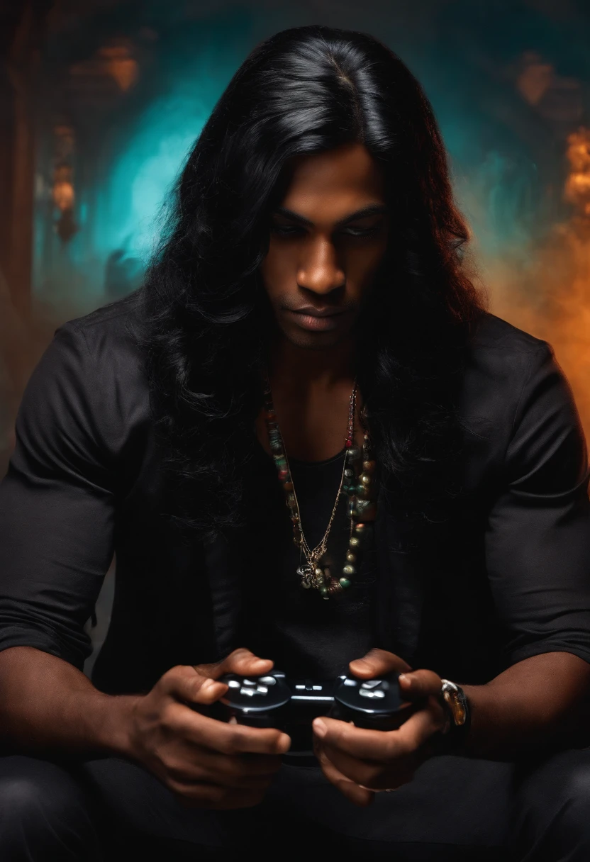 a dark skinded guy with long black indian hair who looks like he addicted to playing video game