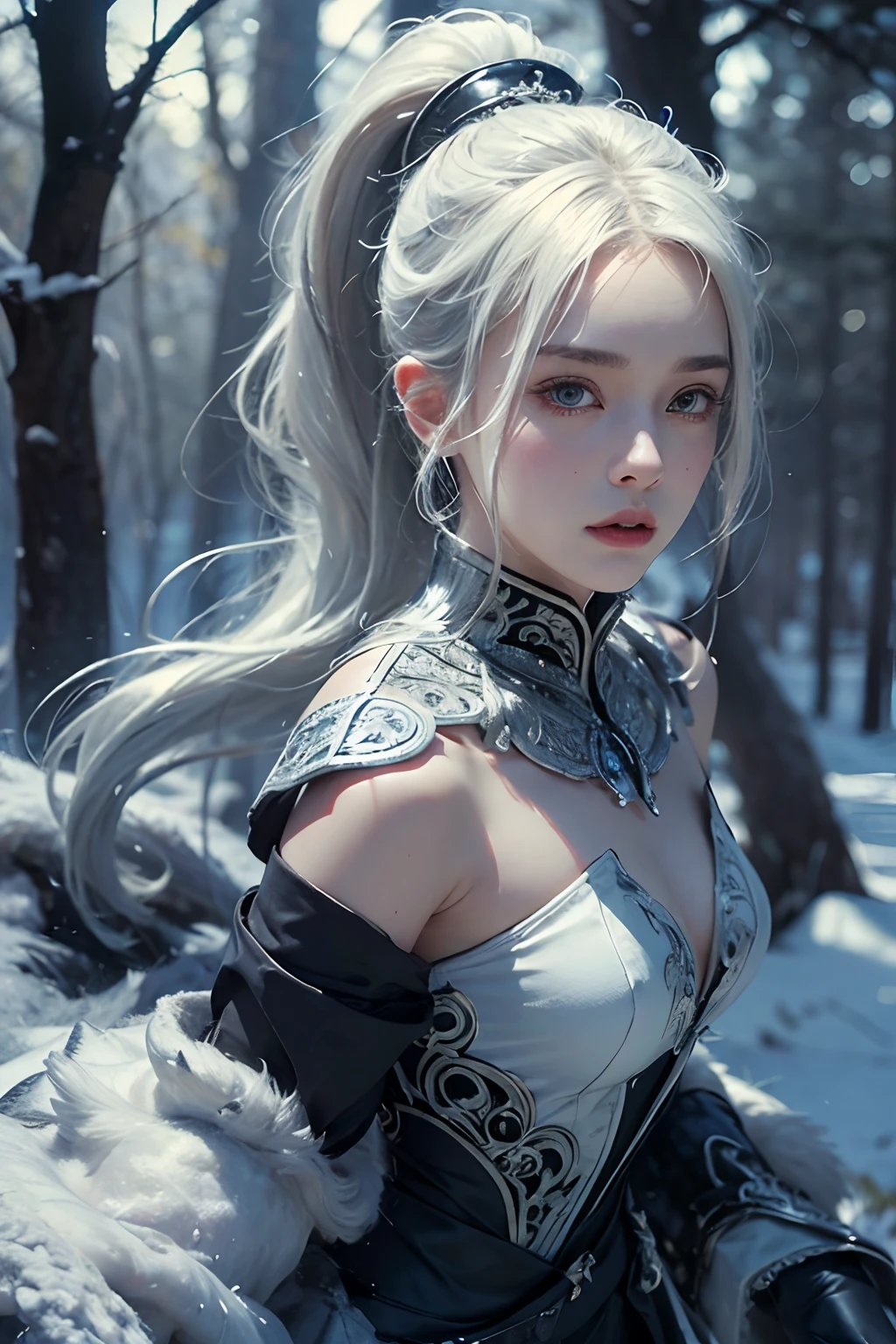 (full body)1girl, handsome girl, white hair ponytail, patrol in the frost forest, intricate, solo focus, realistic, dynamic pose realistic, detailed and correct facial structure, handsome, attractive, slightly muscular, cinematic lighting, unreal engine, trending on ArtStation, intricate details, masterpiece, best quality, by Irakli Nadar, Greg Rutkowski，(((best quality))),(((ultra detailed))),(((masterpiece)))