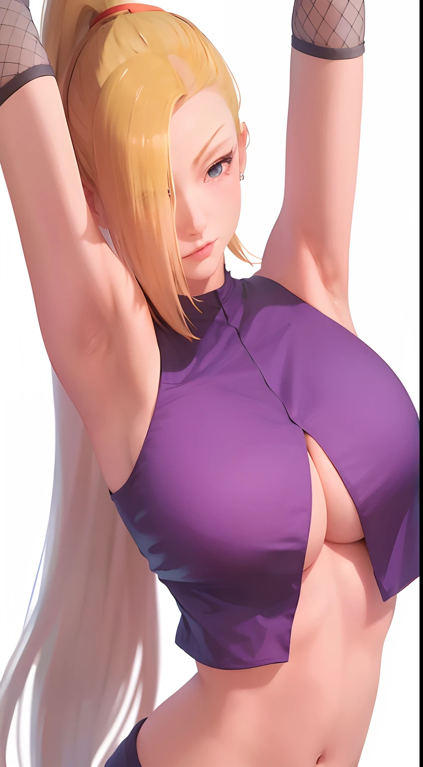 Ino from anime Naruto , hands up. Armpits sweaty, big , Cleavar boobs, bare shr, blonde, UHD, 4k ,