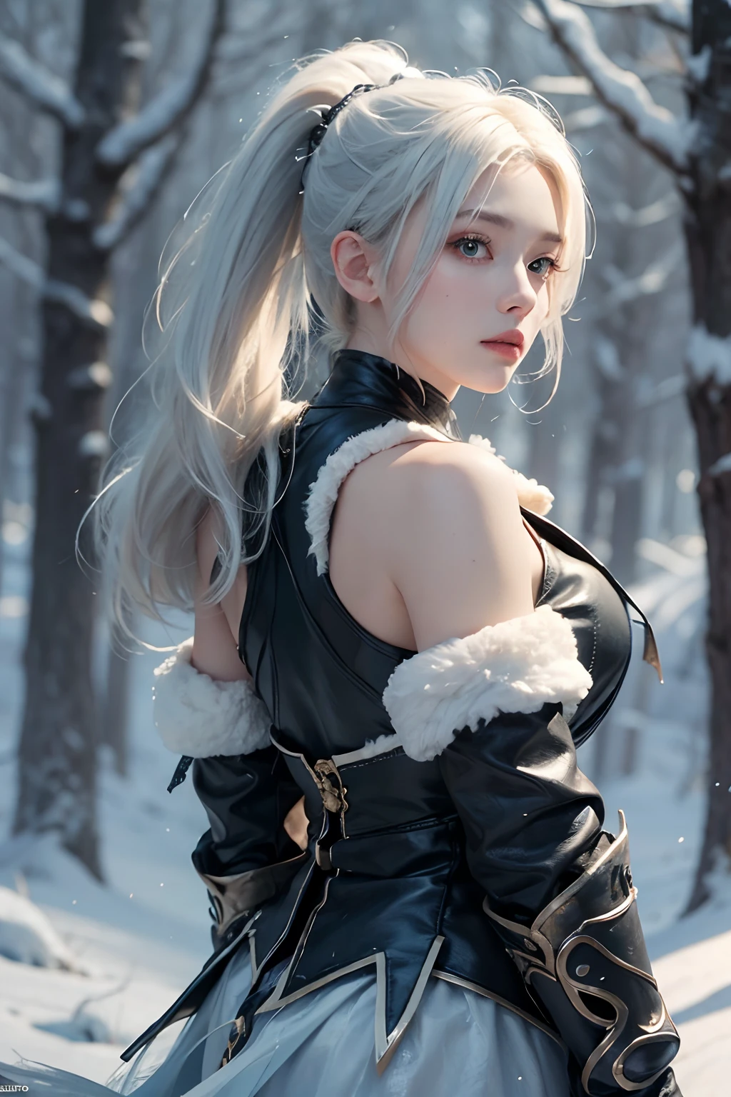 (full body)1girl, handsome girl, white hair ponytail, patrol in the frost forest, intricate, solo focus, realistic, dynamic pose realistic, detailed and correct facial structure, handsome, attractive, slightly muscular, cinematic lighting, unreal engine, trending on ArtStation, intricate details, masterpiece, best quality, by Irakli Nadar, Greg Rutkowski，(((best quality))),(((ultra detailed))),(((masterpiece)))