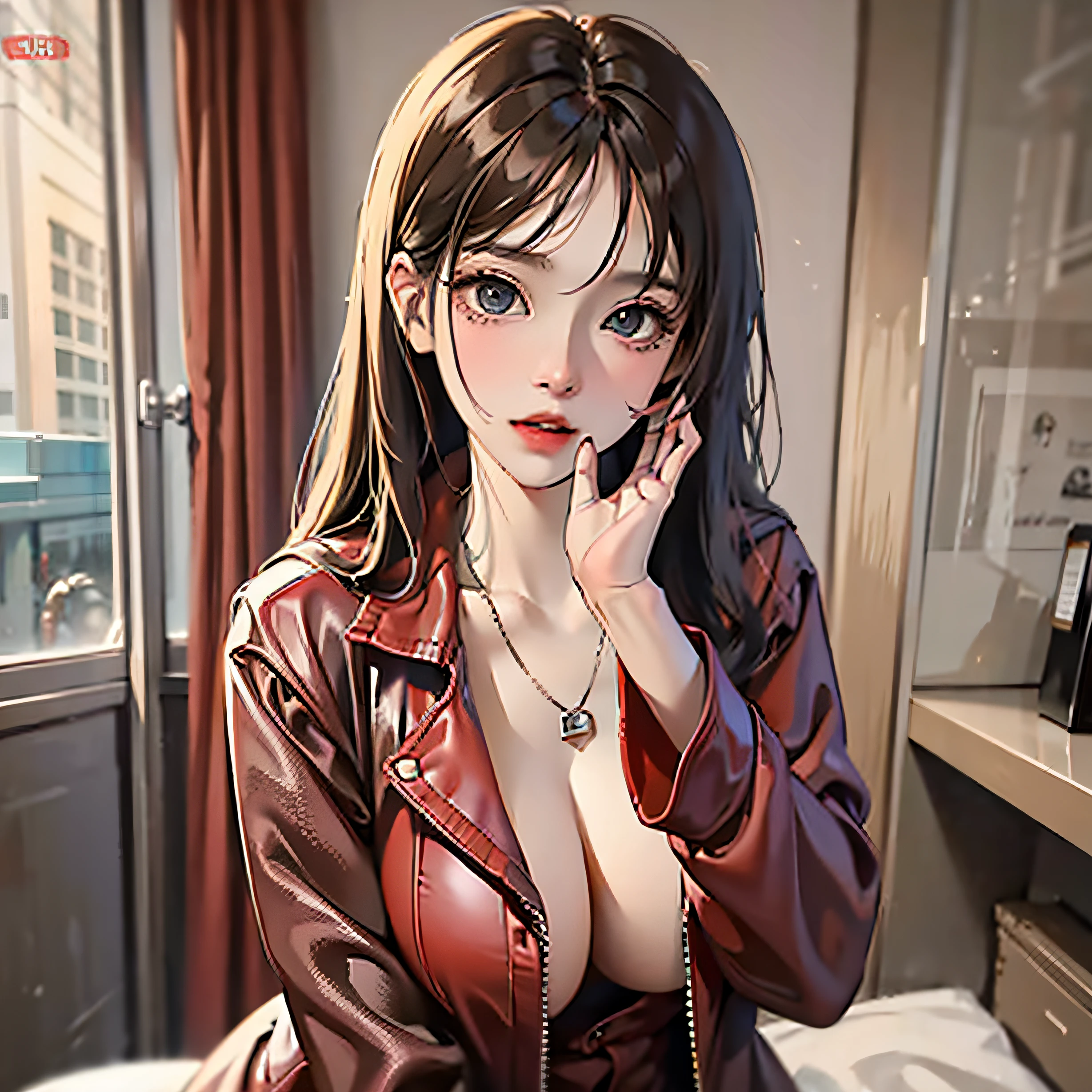 Stand sideways,1girll,Flirting,Beautiful,cparted lips,hentail realism,A photograph_\(mediating\),soio,(Masterpiece),(hentail realism:1.3),The ultra-detailliert,(high definition skin:1.2),(Best quality:1.0), (超高分辨率:1.0), (Ulzzang-6500:0.3), beautiful and clear eyes, Delicate necklace,Sunshine, (The delicate makeup is beautiful), (Sexually aroused blush, rough breath,:1.0) , (Soft hand kit: 0.5), Mix 4, s whole body, Red leather coat,Plain white background,upper body photos,huge tit