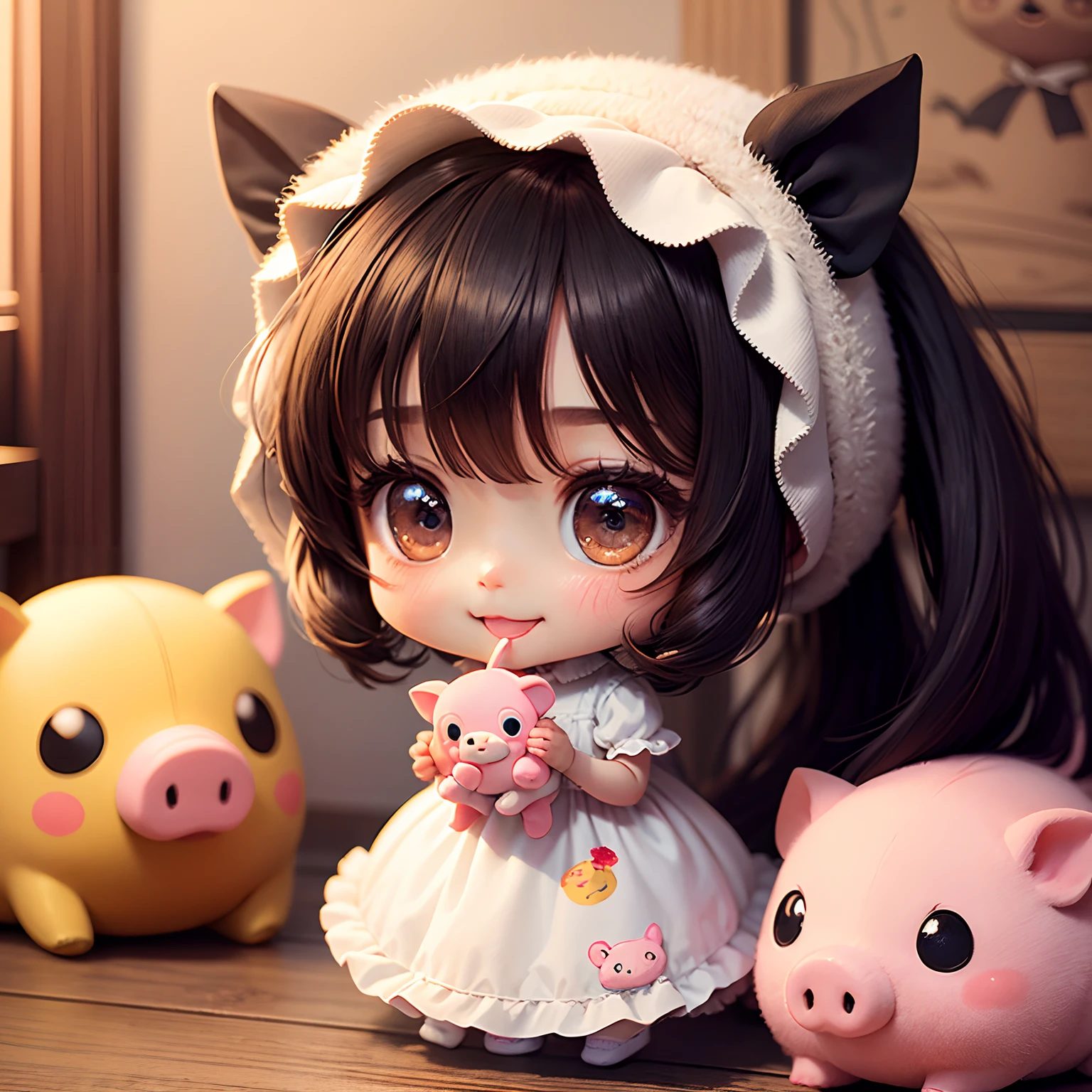 ​masterpiece、top-quality、ultra-detailliert、(Chibi Chara's Daughter:1.2)、(Dark skin:1.1)、Dragging stuffed animals、Stuffed pigs、Ruffled dresses with retro prints、Open your mouth and smile、Fluffy socks、