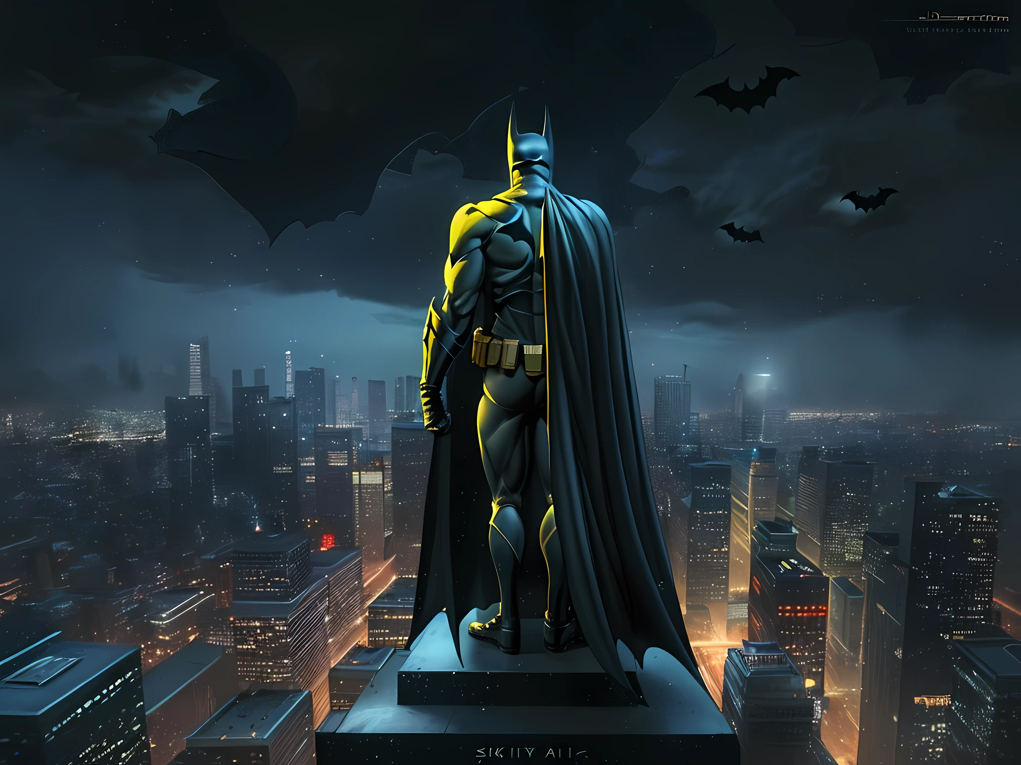 a photorealistic, award winning, picture of batman a top of church rooftop standing near a statue of a woman watching over Gotham at night, (Batman: 1.3), The Dark Knight, The Capped Crusader, wearing his famous armor with the Batman insignia, (black cape: 1.2), wearing famous (utility belt: 1.1), wearing black boots, watching over Gotham, a modern urban center at night, several skyscrapers, urbanism lights, in colors of yellow, blue and green, a view from a skyscraper rooftop, near batman a statue of (Lady Justice: 1.1), Batsignal is lit in the sky, batman is shown from the rear and the side, ultra best realistic, best details, best quality, 16k, (ultra detailed: 1.5), masterpiece, best quality, (extremely detailed), ultra wide shot, photorealism, depth of field, hyper realistic