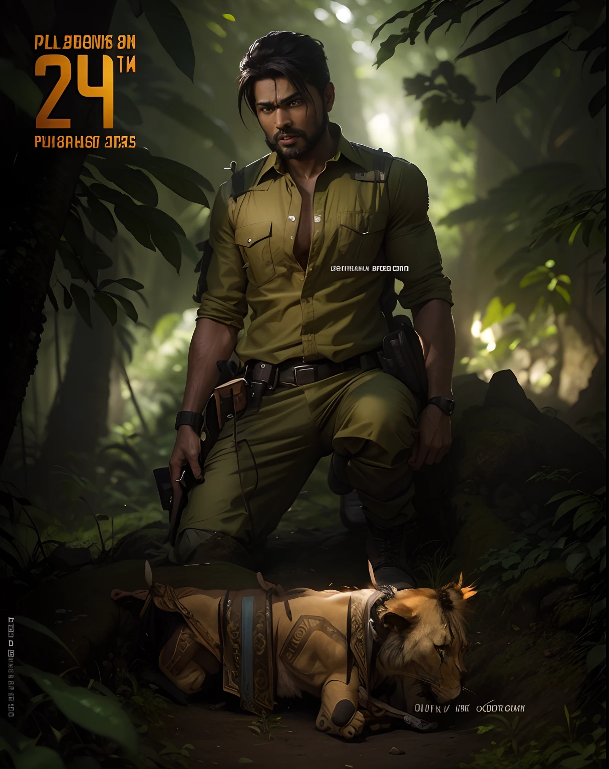A Character , on a mountain in a jungle , a perfect cinematic shot , 4k , allu arjun pushpa style, realistic,lion in jungle, action shot,