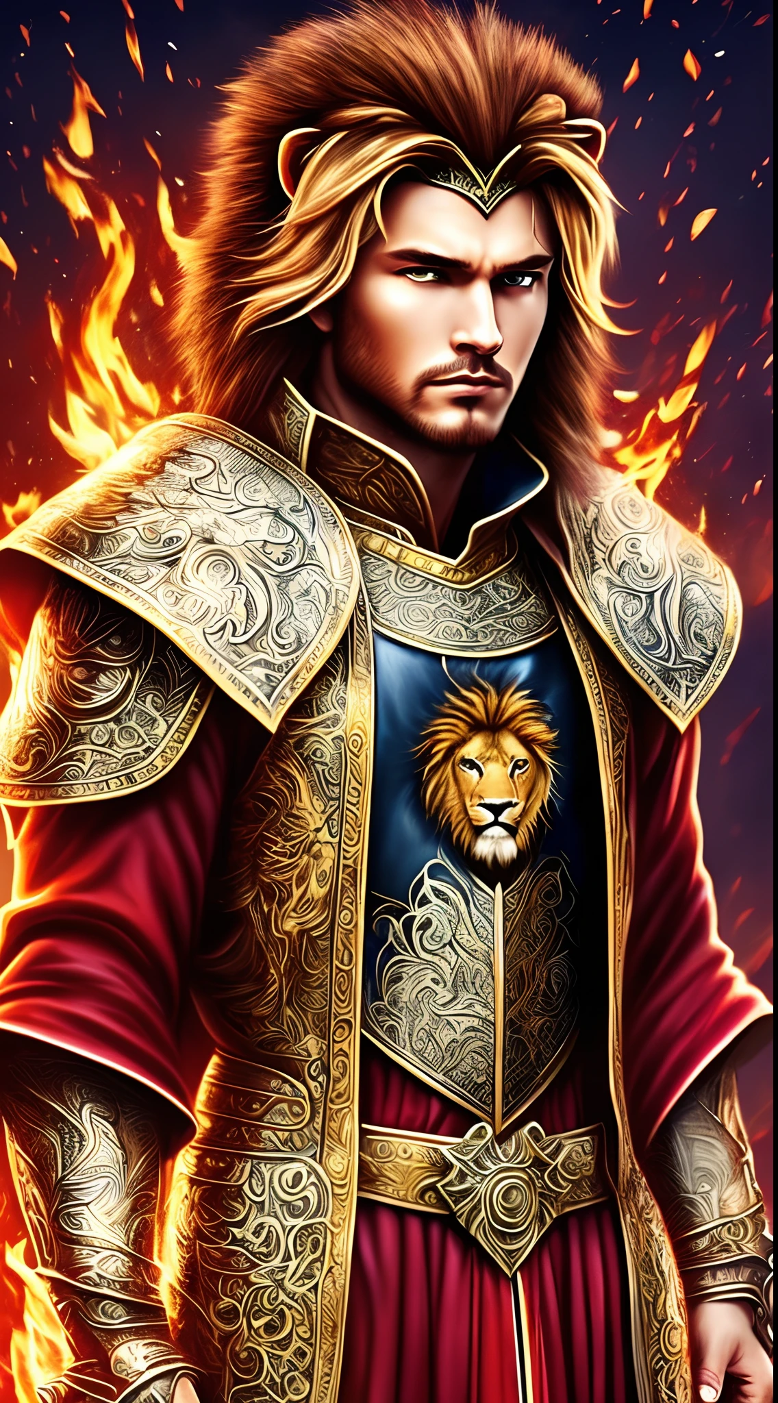 (1male) , The young man of the sun god looks interesting..((Standing next to a lion)).,,Against the backdrop of flames and sun. (Updo crimson:1.2),(Medium Full Shot) ,Put on a necklace....,Wearing full body armor.....,slight smile, (Red inner leather jacket)(Ruby Red Armor 1.1) And a red robe.,(Red long scarf) (capes:1.2) Royal style family (embroidery:0.5) (Medium length hairstyles, blonde)., skinny (Gorket Luckcart Poldron :1.3), (The lion symbol on the armor), (masterpiece:1.2) (illustration:1.1) (bestquality:1.2) (Detailed) (intricate) (10) (HDR) (wallpaper) (Cinematic lighting) (crisp focus) --auto --s2