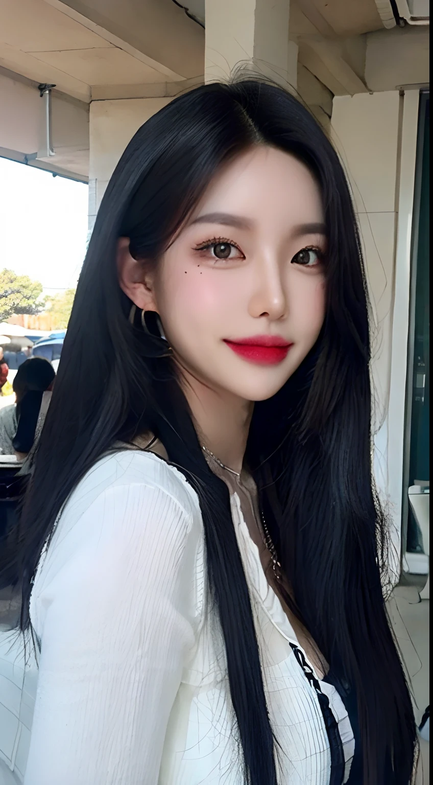 Black hair, hair bobbles, long eyelasher, solid circle eyes, Light smile, Moles under eyes, Heart earrings, Light smile, Shy, puckered lips, surrealism, shadowing, stereograms, angle of view, Atmospheric perspective, Depth of field, first person perspective, f/1.8, 8K, Super detail, ccurate, Best quality, A high resolution, Best quality,full bodyesbian