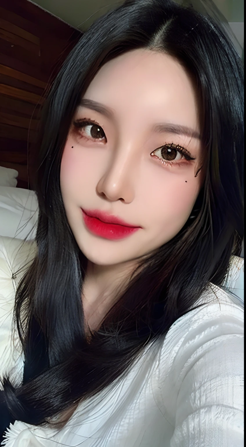 Black hair, hair bobbles, long eyelasher, solid circle eyes, Light smile, Moles under eyes, Heart earrings, Light smile, Shy, puckered lips, surrealism, shadowing, stereograms, angle of view, Atmospheric perspective, Depth of field, first person perspective, f/1.8, 8K, Super detail, ccurate, Best quality, A high resolution, Best quality,full bodyesbian