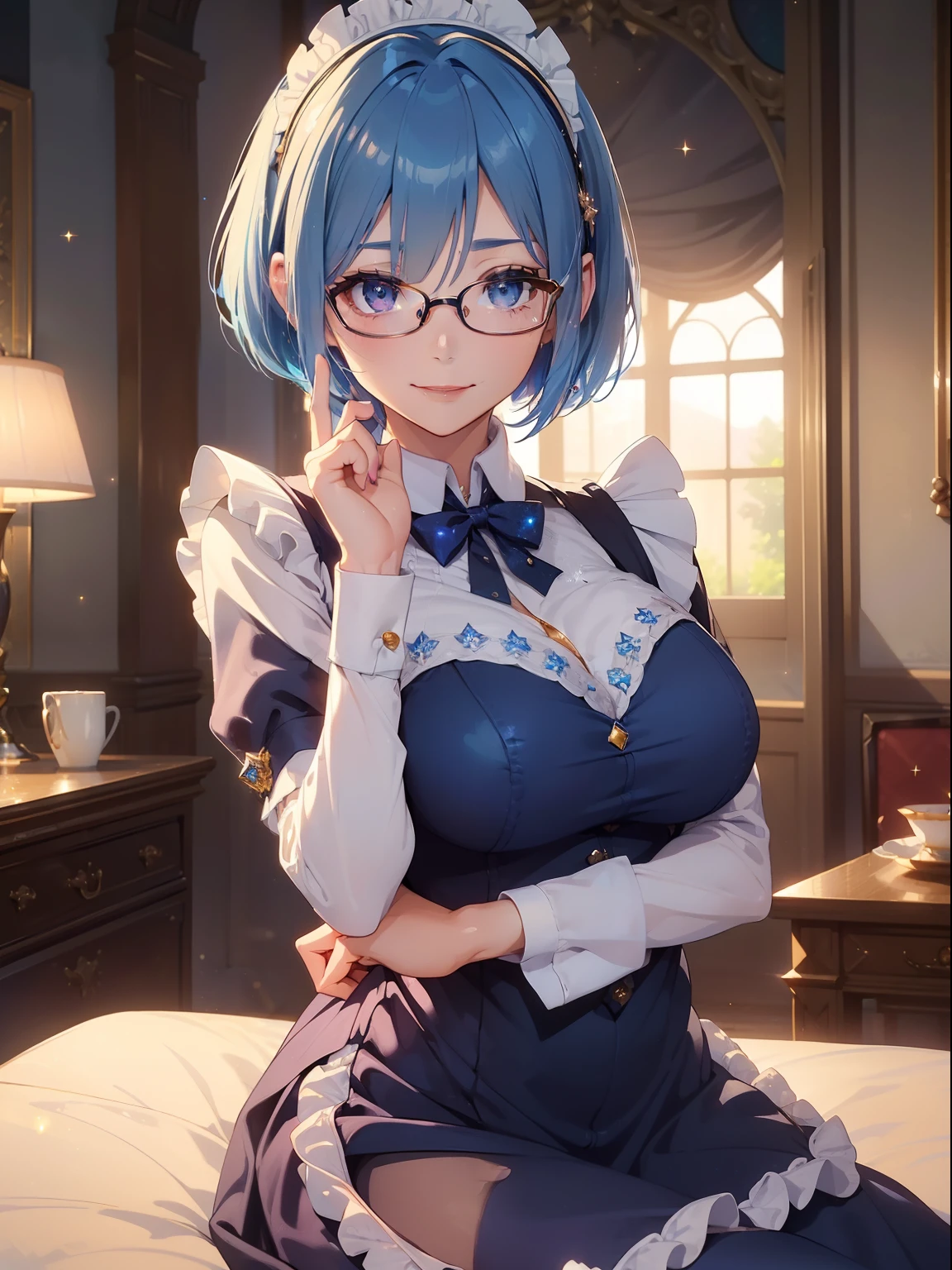 masutepiece, High resolution, 8K, anime woman, Delicate and detailed writing 、Detailed digital illustration、(((Pixie Bob)))、Shiny hair、a very beautiful woman、Eyes are double, Large,、 Bust is D cup、High image quality, High quality、Detailed background、The inside of the eye shines like a diamond、(((Blue hair)))、(((swept bangs)))、Gradient pupil、(((2 arms、4 fingers, 1 thumb)))、Detailed female face、a very beautiful woman、、细致背景、​masterpiece、Soft Focus , Bright gradient watercolor , Lens Flare , (((Glitter))) , Glow , Dreamy ,、a miniskirt、Idol、Light blue ribbon、((Very beautiful light blue rose hair accessories))、White and light blue and golden costume、(((Macrobust)))、(((wears glasses)))、intelligent woman,(((Sexy white maid outfit)))、A smile、Luxury room background、The chest is open、Pubic hair shows through