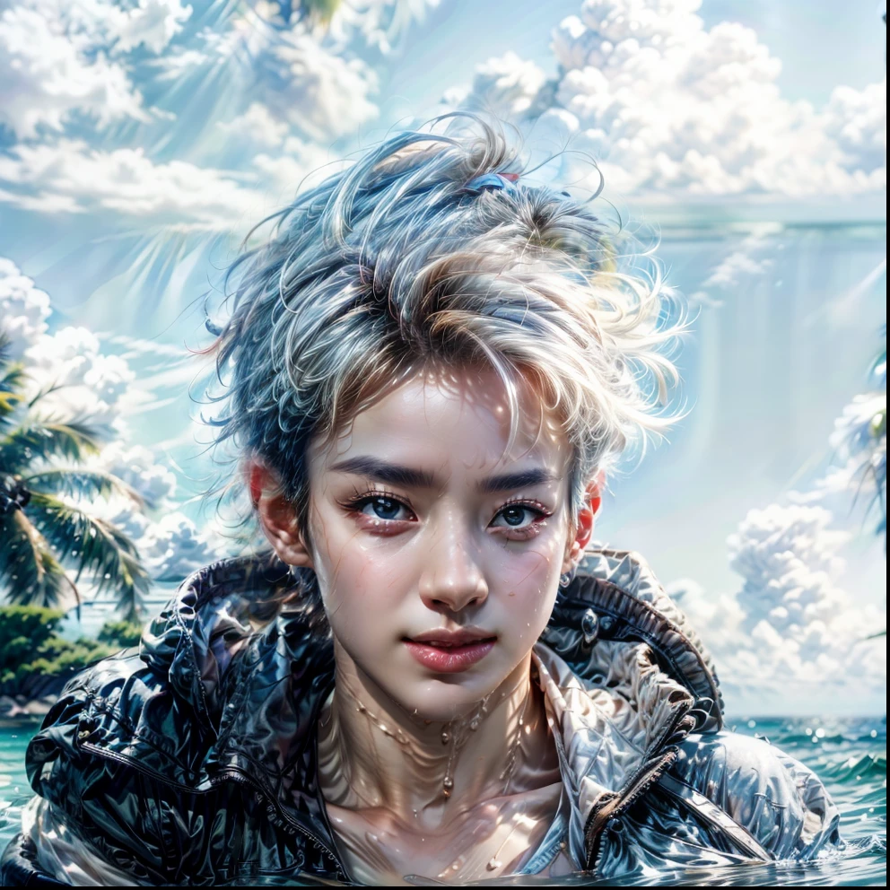 (max resolution: 1.2), (Ultra HDTV: 1.2), 8K resolution, Eye and skin details, face details, , (Sharp focus: 1.2), (Precise focus) sharp face: 1.2), Standing boy, Short hair, White hair, Shirtless, Exposed chest muscles, Six pack abs, transparent white briefs, Summer, Sea water, Coconut trees, Blue sky, White clouds, Light Sun, Table made of water