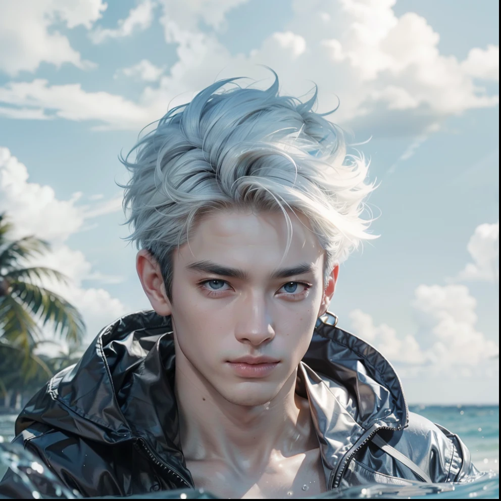 (max resolution: 1.2), (Ultra HDTV: 1.2), 8K resolution, Eye and skin details, face details, , (Sharp focus: 1.2), (Precise focus) sharp face: 1.2), Standing boy, Short hair, White hair, Shirtless, Exposed chest muscles, Six pack abs, transparent white briefs, Summer, Sea water, Coconut trees, Blue sky, White clouds, Light Sun, Table made of water