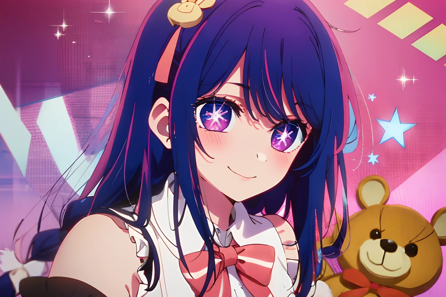 1girl, solo, looking at viewer, smile, bangs, hair ornament, bow, ribbon, holding, bare shoulders, closed mouth, upper body, braid, heart, detached sleeves, wrist cuffs, Star symbol-shaped pupils, heart-shaped pupils, stuffed toy, stuffed animal, bug, purple background, teddy bear, striped bow, holding stuffed toy, purple hair, purple galaxy hair, purple eyes