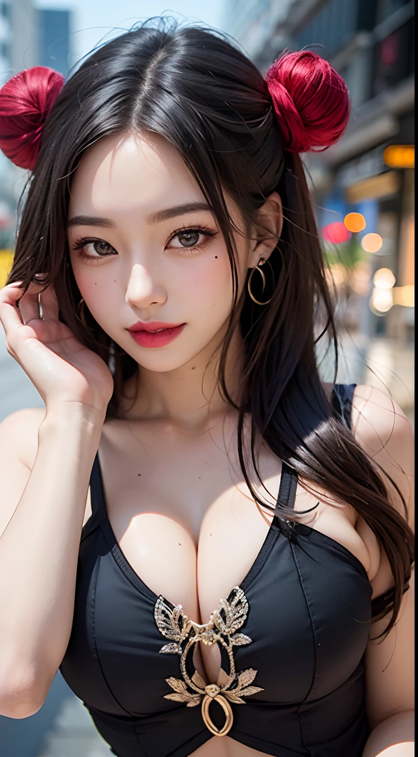 Black hair, hair bobbles, long eyelasher, solid circle eyes, Light smile, Moles under eyes, Heart earrings, Light smile, Shy, puckered lips, surrealism, shadowing, stereograms, angle of view, Atmospheric perspective, Depth of field, first person perspective, f/1.8, 8K, Super detail, ccurate, Best quality, A high resolution, Best quality,full bodyesbian