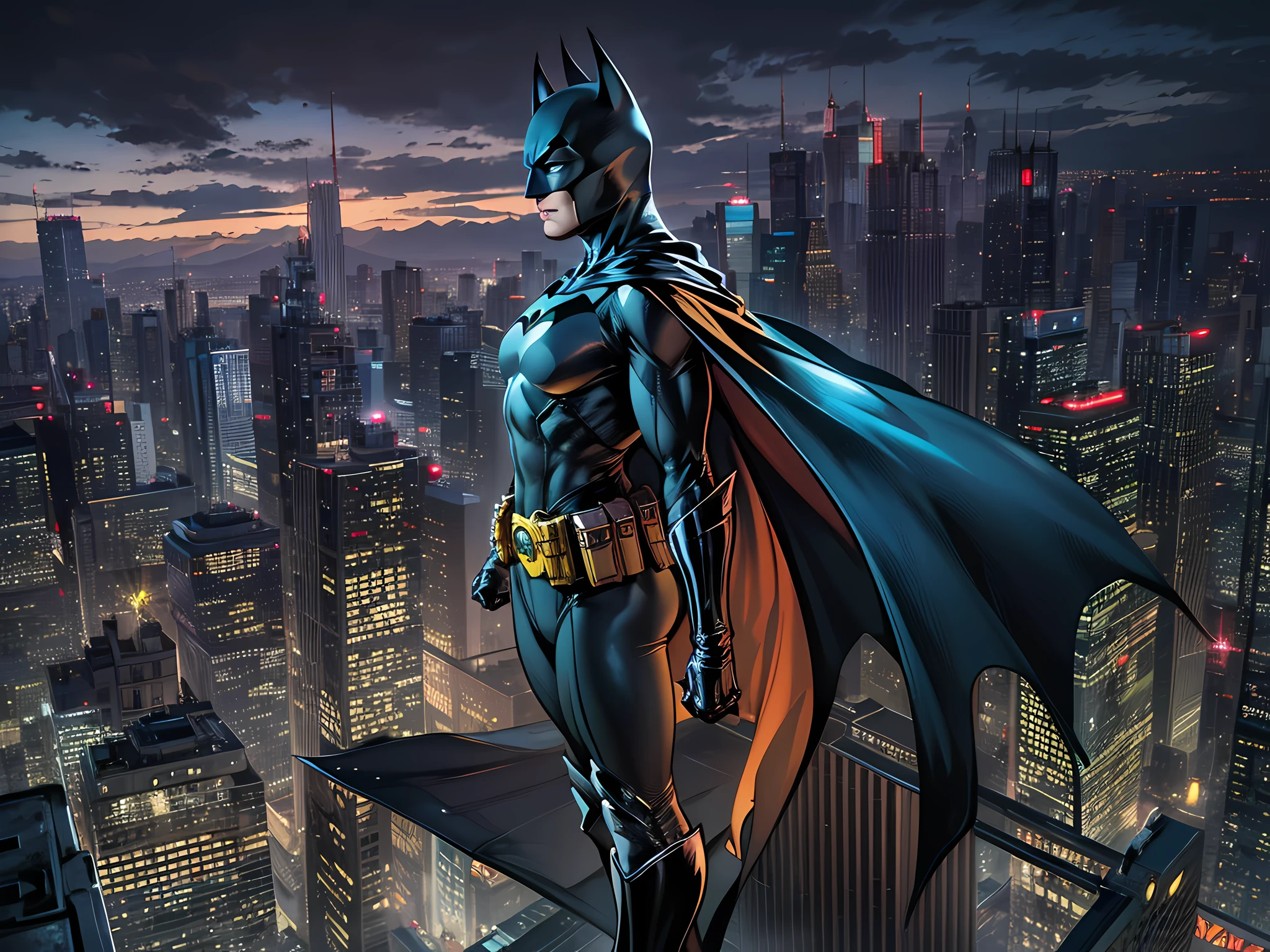 a photorealistic, award winning, picture of batman a top of church rooftop standing near a statue of a woman watching over Gotham at night, (Batman: 1.3), The Dark Knight, The Capped Crusader, wearing his famous armor with  the Batman insignia, (black cape: 1.2), wearing famous (utility belt: 1.1), wearing black boots, watching over Gotham, a modern urban center at night, several skyscrapers, urbanism lights, in colors of yellow, blue and green, a view from a skyscraper rooftop, near batman a statue of woman with scales: 1.1), (Batsignal is lit in the sky: 1.3), batman is shown from the rear and the side, ultra best realistic, best details, best quality, 16k, (ultra detailed: 1.5), masterpiece, best quality, (extremely detailed), ultra wide shot, photorealism, depth of field, hyper realistic