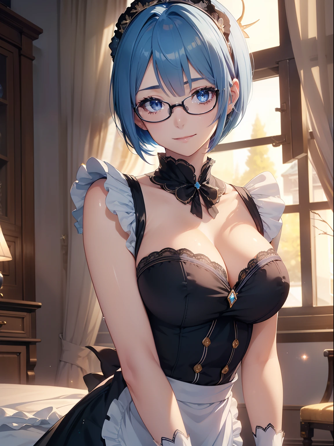 masutepiece, High resolution, 8K, anime woman, Delicate and detailed writing 、Detailed digital illustration、(((Pixie Bob)))、Shiny hair、a very beautiful woman、Eyes are double, Large,、 Bust is D cup、High image quality, High quality、Detailed background、The inside of the eye shines like a diamond、(((Blue hair)))、(((swept bangs)))、Gradient pupil、(((2 arms、4 fingers, 1 thumb)))、Detailed female face、a very beautiful woman、、细致背景、masterpiece、Soft Focus , Bright gradient watercolor , Lens Flare , (((Glitter))) , Glow , Dreamy ,、a miniskirt、Idol、Light blue ribbon、((Very beautiful light blue rose hair accessories))、White and light blue and golden costume、(((Macroeye)))、(((wears glasses)))、intelligent woman,(((SEXY black and white maid clothes)))、A smile、Luxury room background