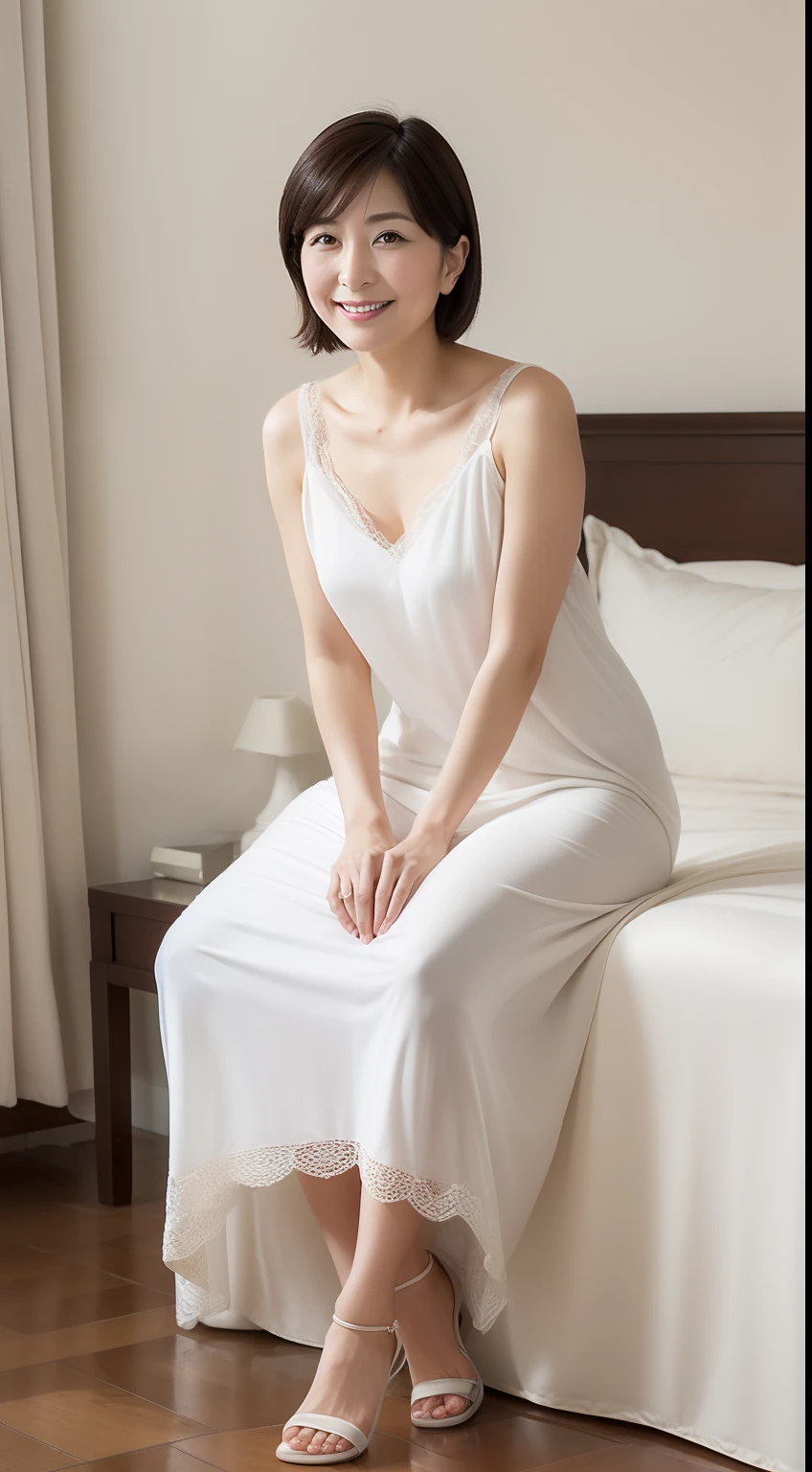  ((Extremely precise and accurate anatomy:1.0)), (photo Realistic:1.4), (hyper Realistic:1.4), (最高品質のRealisticな肌の質感:1.4), (Improvement of quality:1.4), (Enhances the beauty of skin texture:1.1), Clean and glowing skin, mesh, thin:1.2, (Realistic:1.3), Realisticなライティング, (Smoother lighting:1.05), (Improving the quality of cinema lighting:0.9), Backlight, A gentle light on your face, Ray Tracing, (Bright light:1.2), 32K, One Japanese woman, fine grain, Detailed face, (Film Grain:1.1),(Accentuates body lines:1.1), High resolution, Natural look, Kind eyes, Improves hair quality, Delicate light and shadow, Transparent muscles, Graceful pose, Beautiful Eyes, Sharp details, Soft light reflection, Beautiful contours, Delicate skin tone, Fine hair texture, Natural background,  Looks very tired、(((A loose-fitting camisole))),barefoot,One Girl,Realistic,Bedroom、Looks sleepy