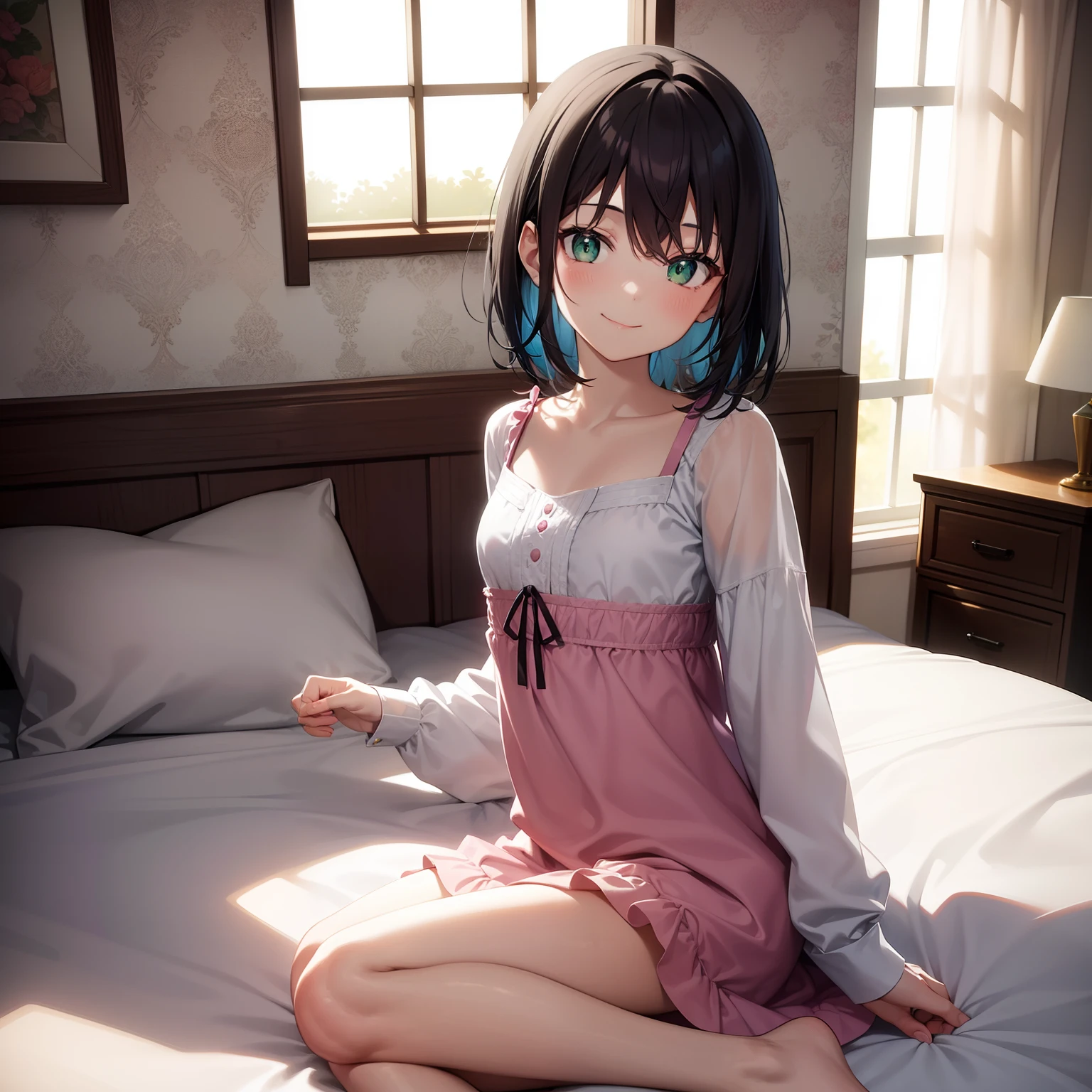 Colorful sketch style. small chamber, Pale pink wallpaper,Woman with black hair and green eyes sits on bed and looks at me with a smile The sun's rays wake up the room through a small window above the bed. As many details as possible