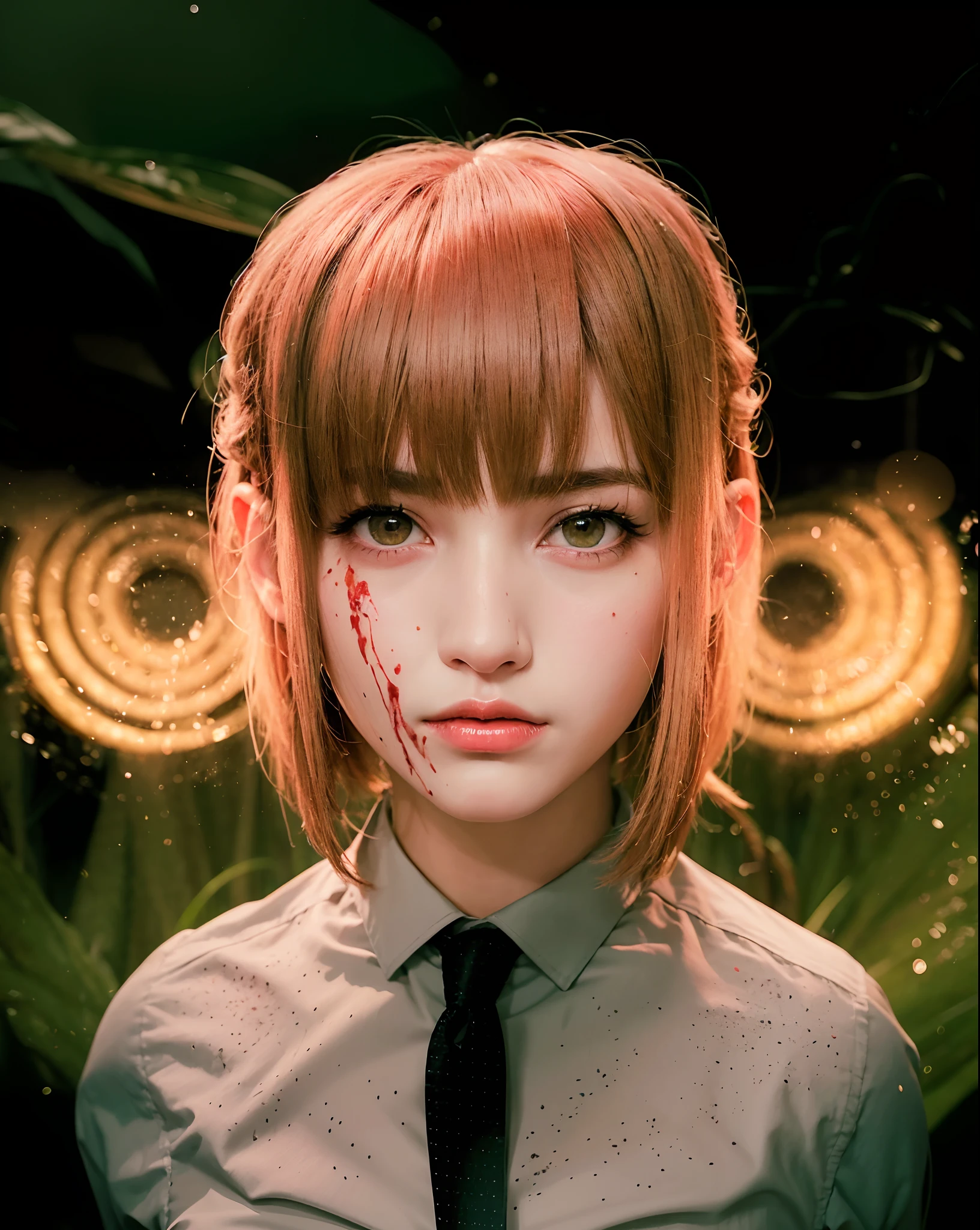 High quality image, masterpiece, detailed hair texture, detailed skin texture, detailed cloth texture, 8k, ultra detailed skin texture, ultra detailed photo, skin pores, portrait of a girl, wearing suit, add fabric details, realistic fabric texture, realistic skin texture, yellow eyes, blood on face and body, red hair, a chain around