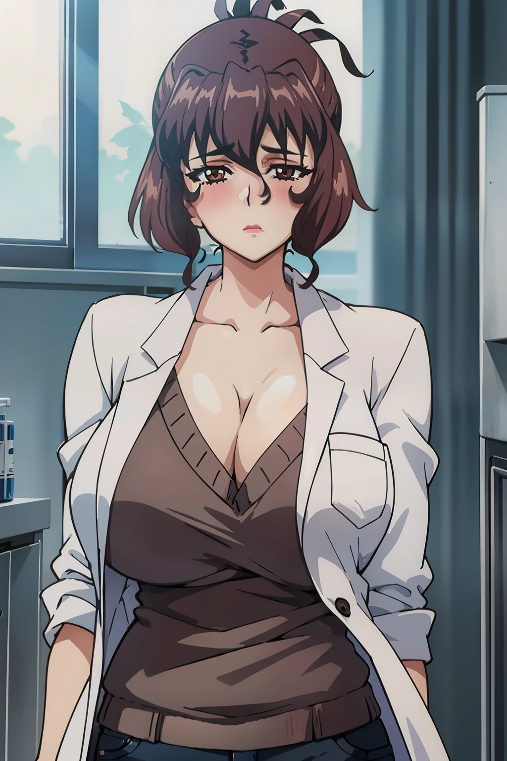 anime cels style, Aiko Katsuragi, best quality, high resolution, mature female, milf, 1girl, huge breasts, labcoat, makeup, lipstick, brown eyes, folded ponytail, brown hair, cleavage, eyeliner, eyeshadow, (caring look:1.1), look at viewer, blush, medical room, professional artwork, vivid colors, Diffused lighting, digital blending