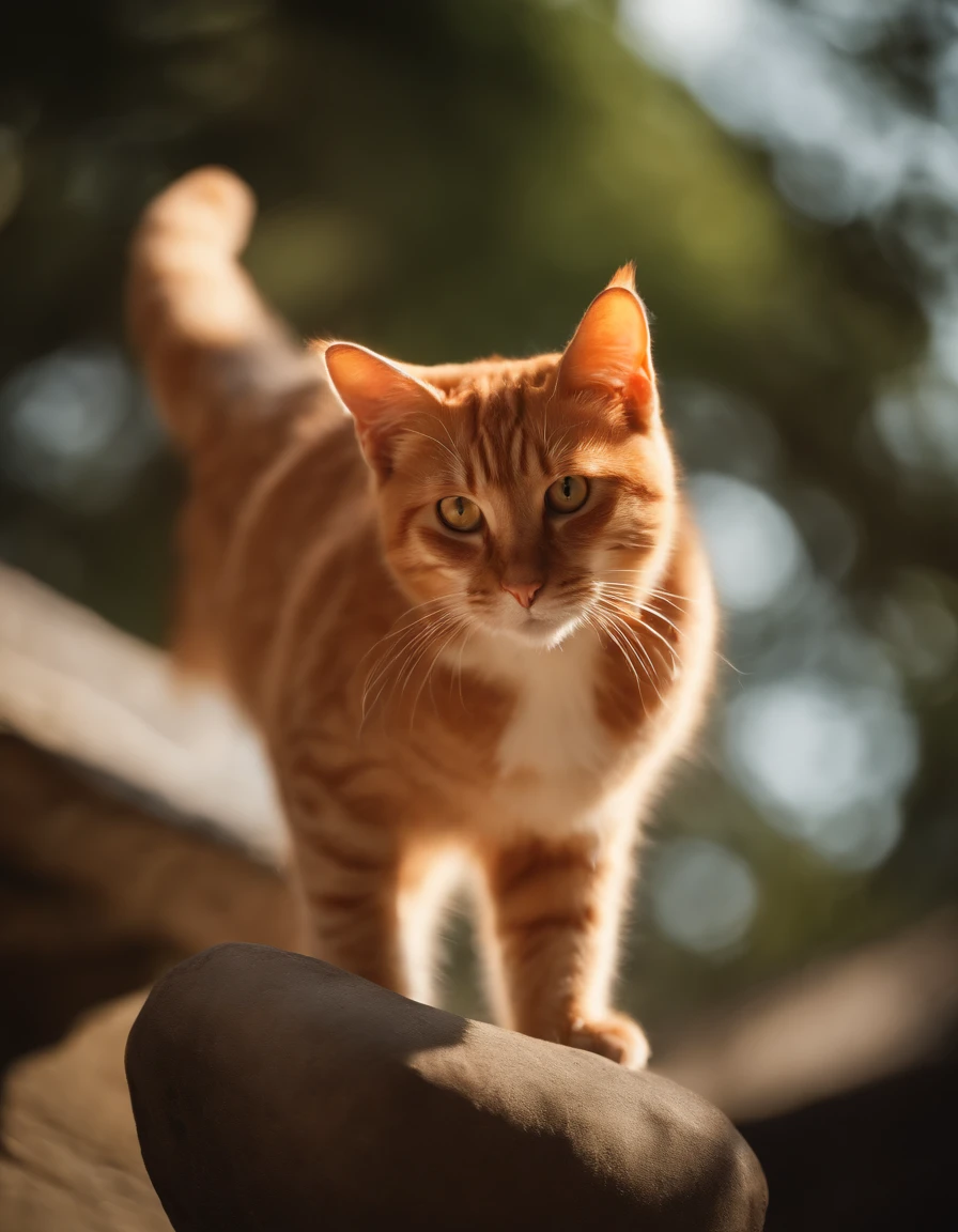 ((Best quality, 8K, Masterpiece: 1.4)),((Amazing detail: 1.3)),((illustration, Hairstyle Casual: 1.2)),((high resolution: 1.1)), A cute orange cat standing, summer coat, Fashionab, Soft light, Colorful, Depth of field, Cinematic lighting, From below, Anatomically correct, Amazing art of painting, No Man